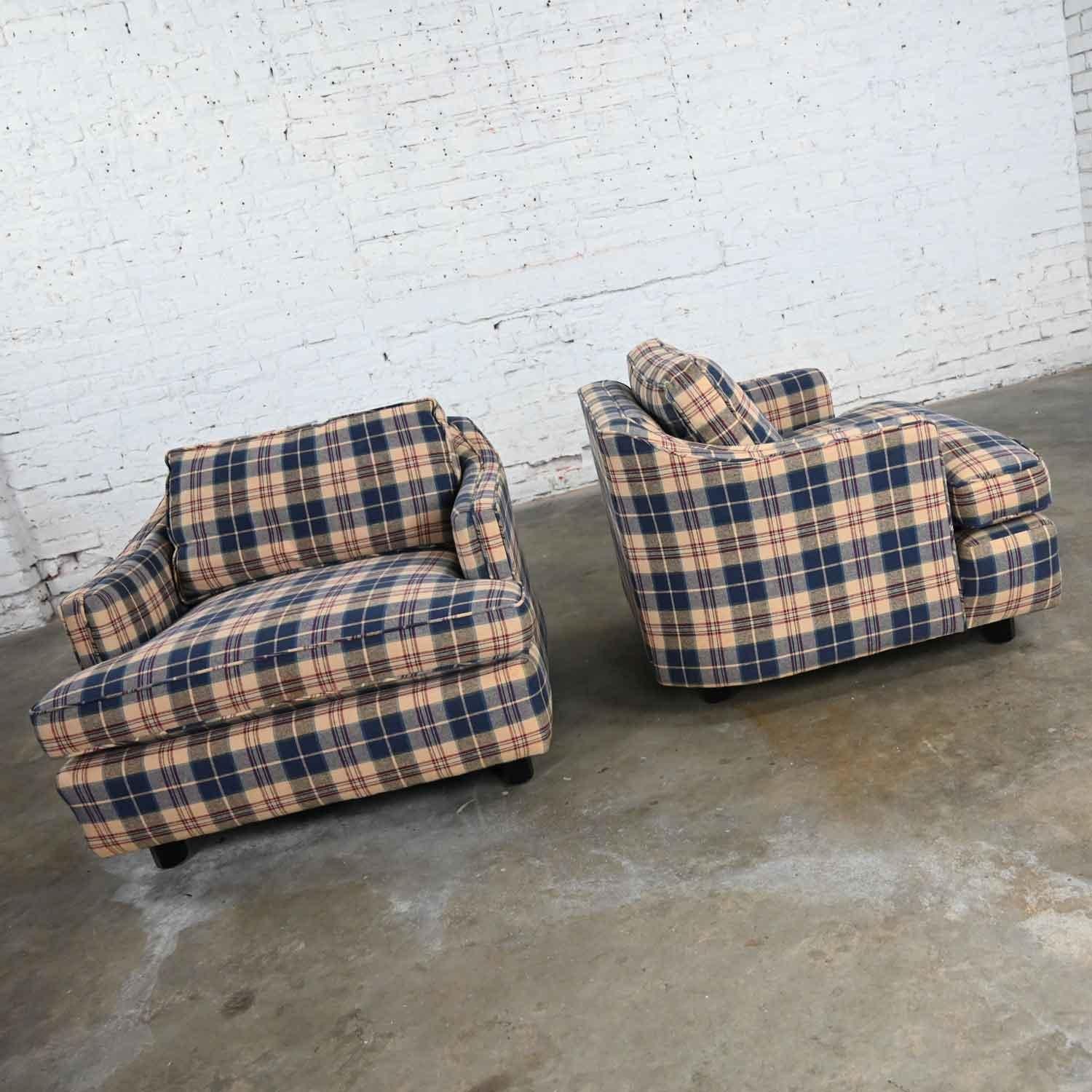 Vintage Blue Khaki Maroon & Black Plaid Barrel Club Chairs a Pair In Good Condition In Topeka, KS