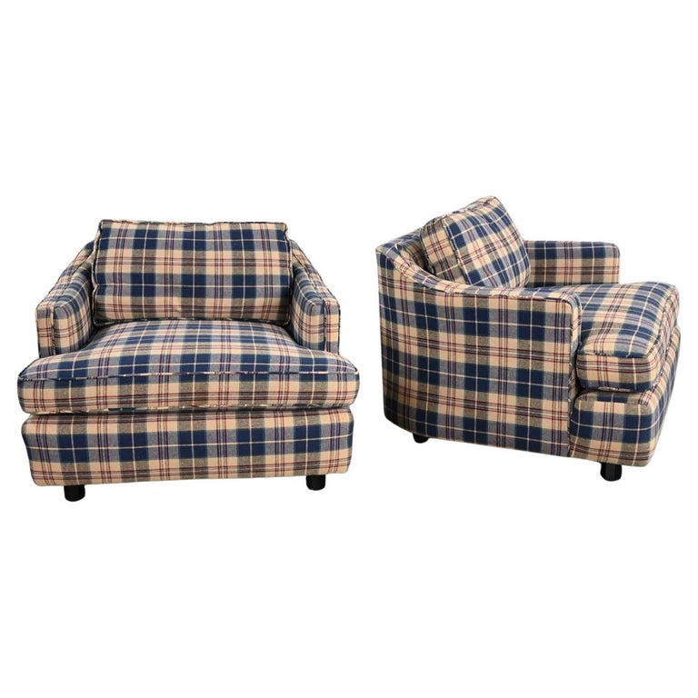 Vintage Blue Khaki Maroon and Black Plaid Barrel Club Chairs a Pair For