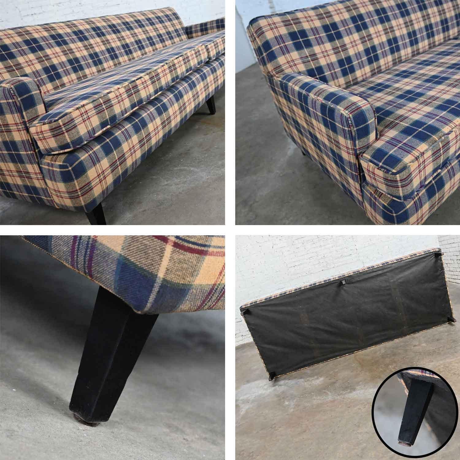 Vintage Blue Khaki Maroon & Black Plaid Lawson Style Tight Back Sofa For Sale 3
