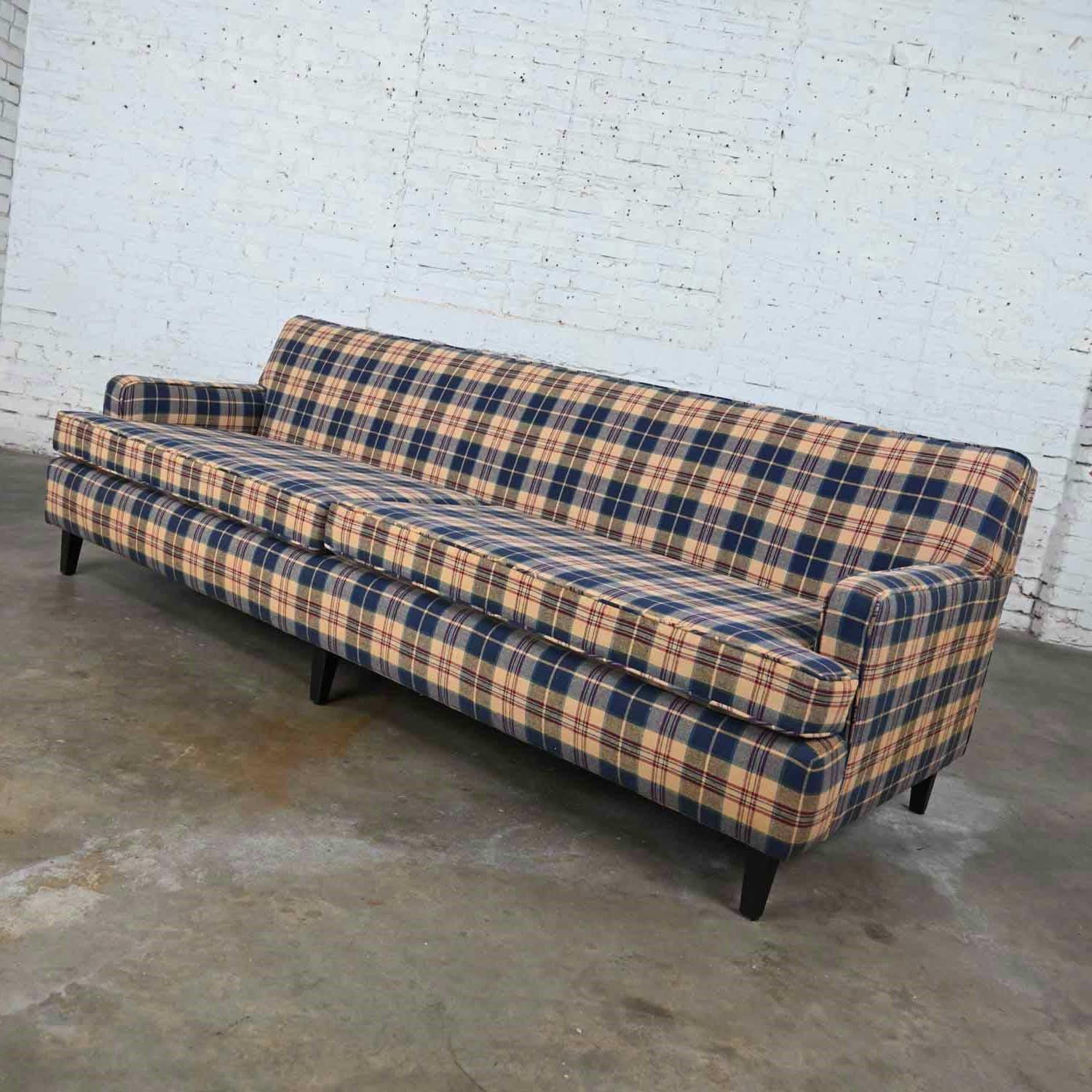 Vintage Blue Khaki Maroon & Black Plaid Lawson Style Tight Back Sofa For Sale 6
