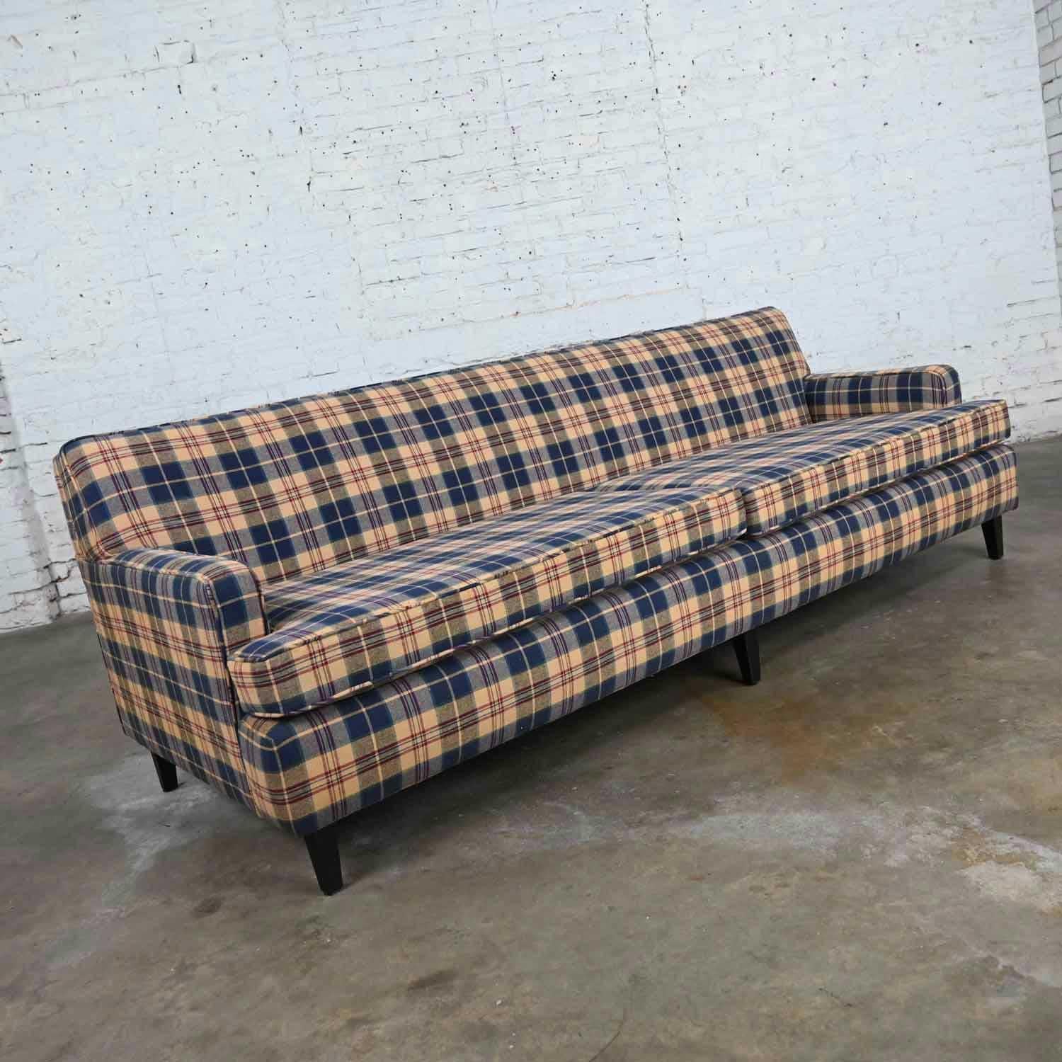 Awesome vintage blue, khaki, maroon, and black plaid Lawson style tight back sofa with square tapered black painted legs. Beautiful condition, keeping in mind that this is vintage and not new so will have signs of use and wear. The legs have a fresh