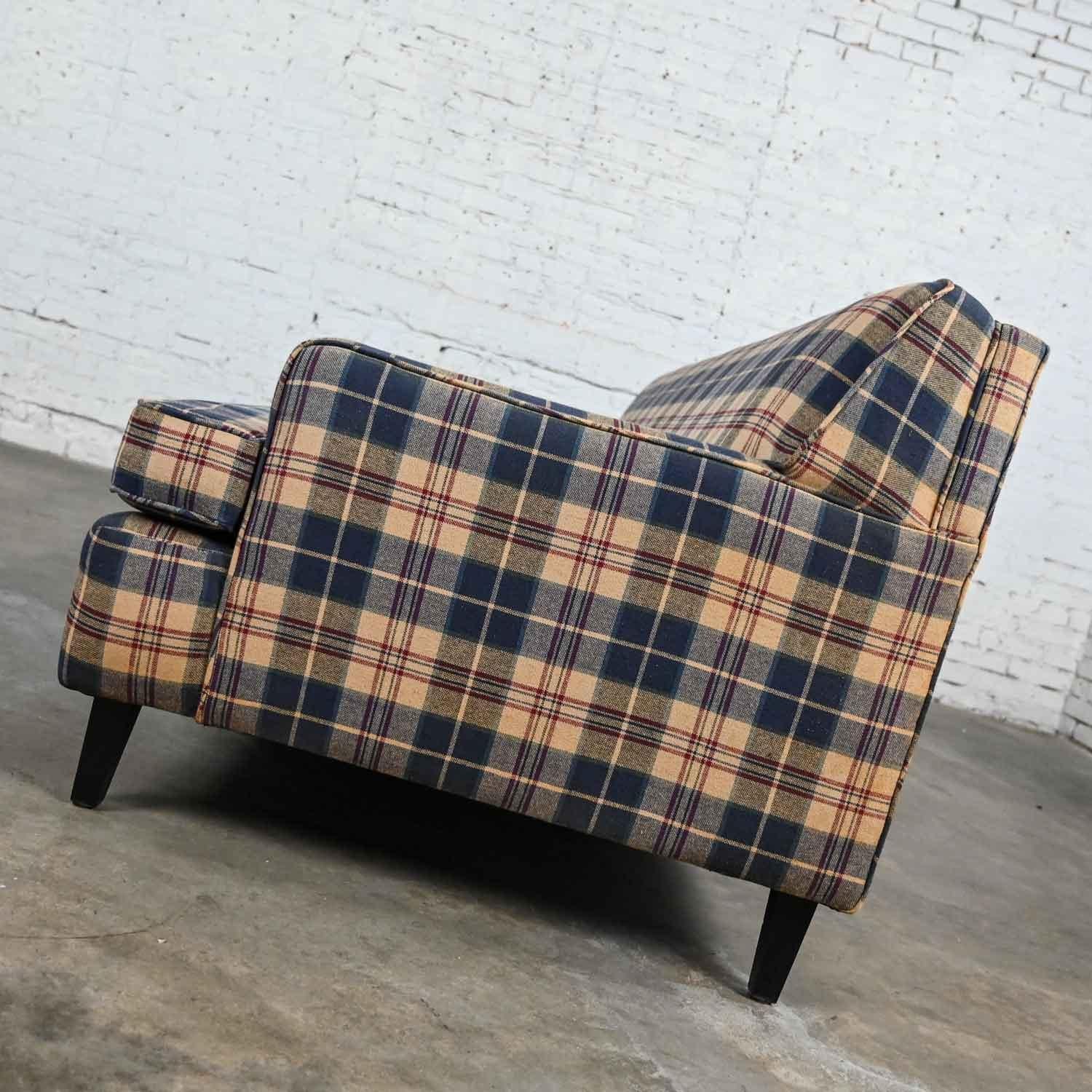American Vintage Blue Khaki Maroon & Black Plaid Lawson Style Tight Back Sofa For Sale