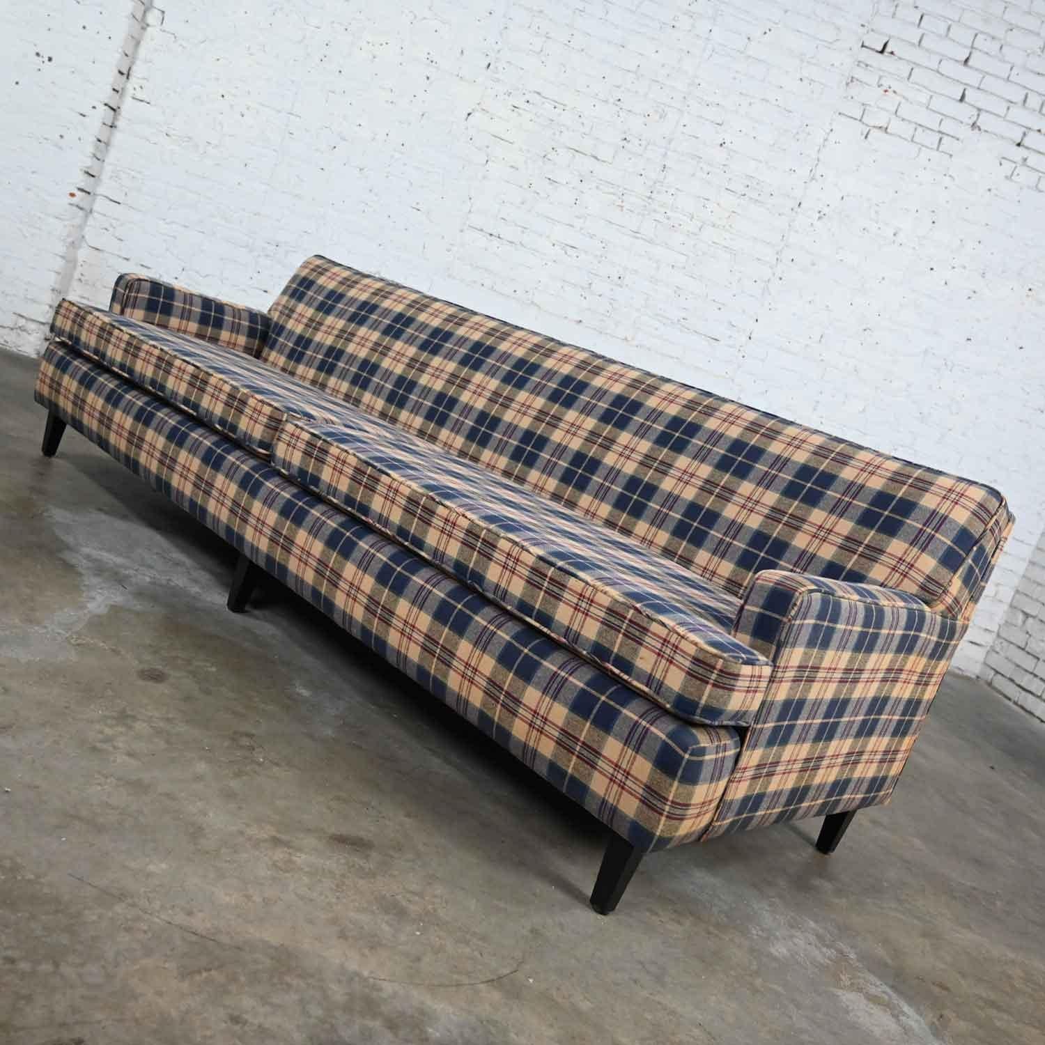 Vintage Blue Khaki Maroon & Black Plaid Lawson Style Tight Back Sofa In Good Condition For Sale In Topeka, KS
