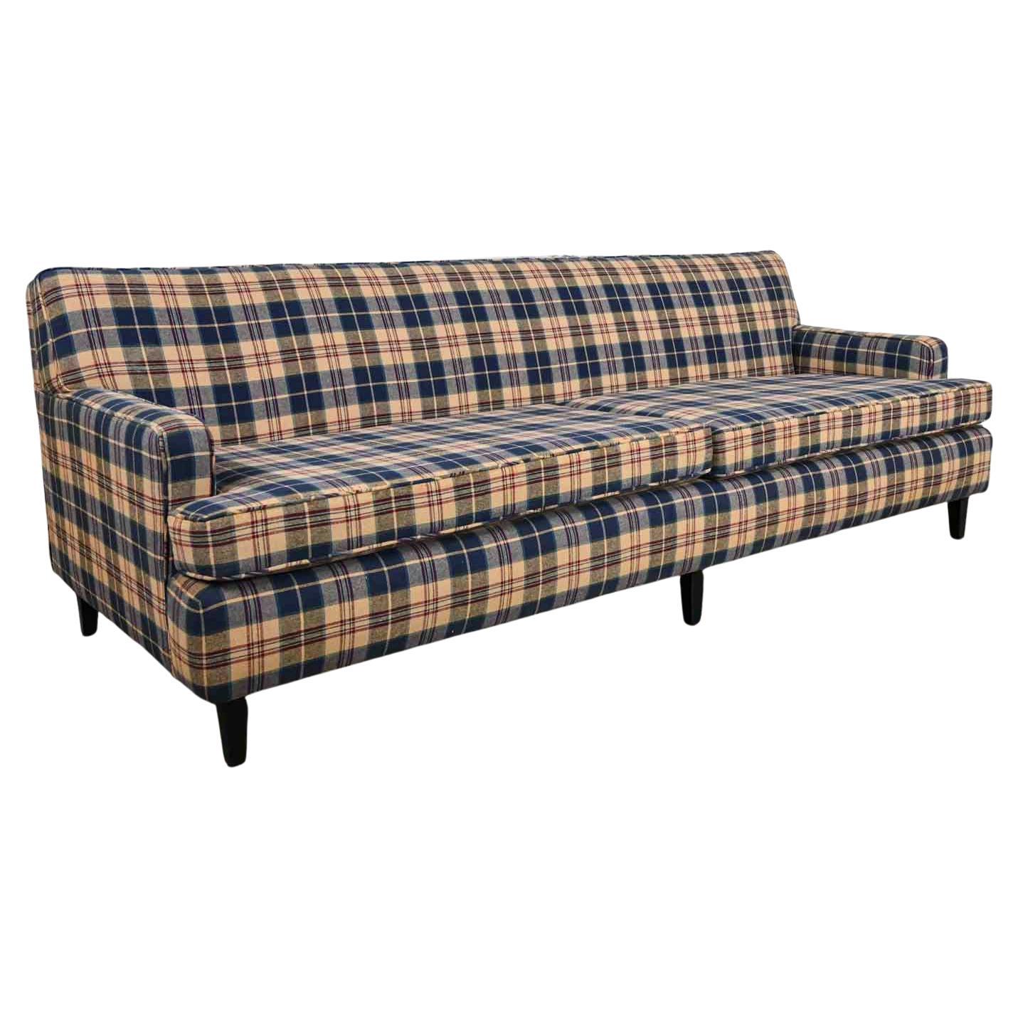 Vintage Blue Khaki Maroon & Black Plaid Lawson Style Tight Back Sofa For Sale