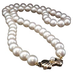 Vintage Blue Lagoon Mikimoto Akoya Pearl Necklace 14K Gold Shell Clasp 17.5”