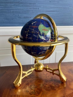 Vintage Blue Lapis Semi Precious Gemstone Spinning Globe with Brass Toned Stand