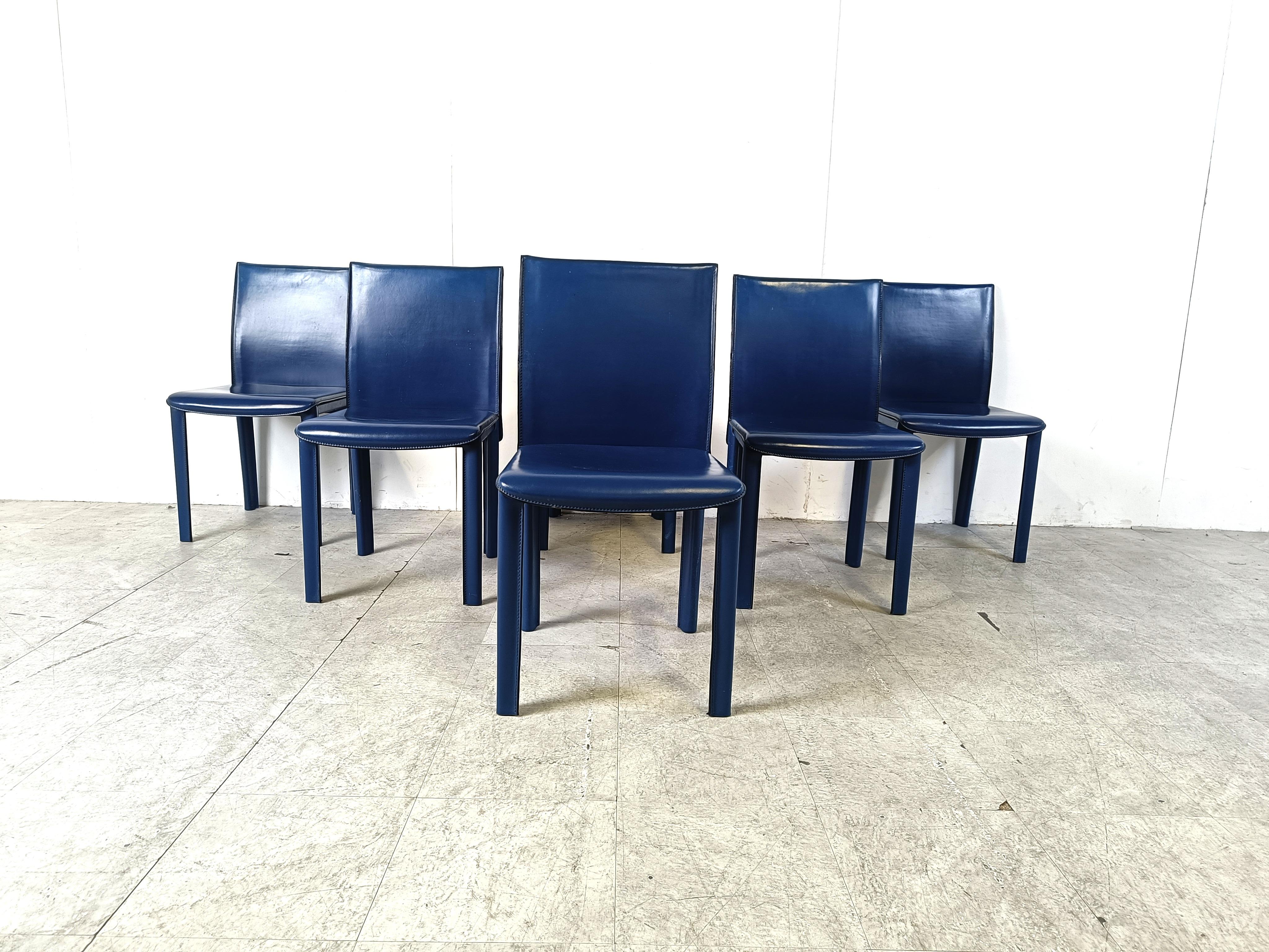 Modern Vintage blue leather dining chairs by Arper italy, 1980s