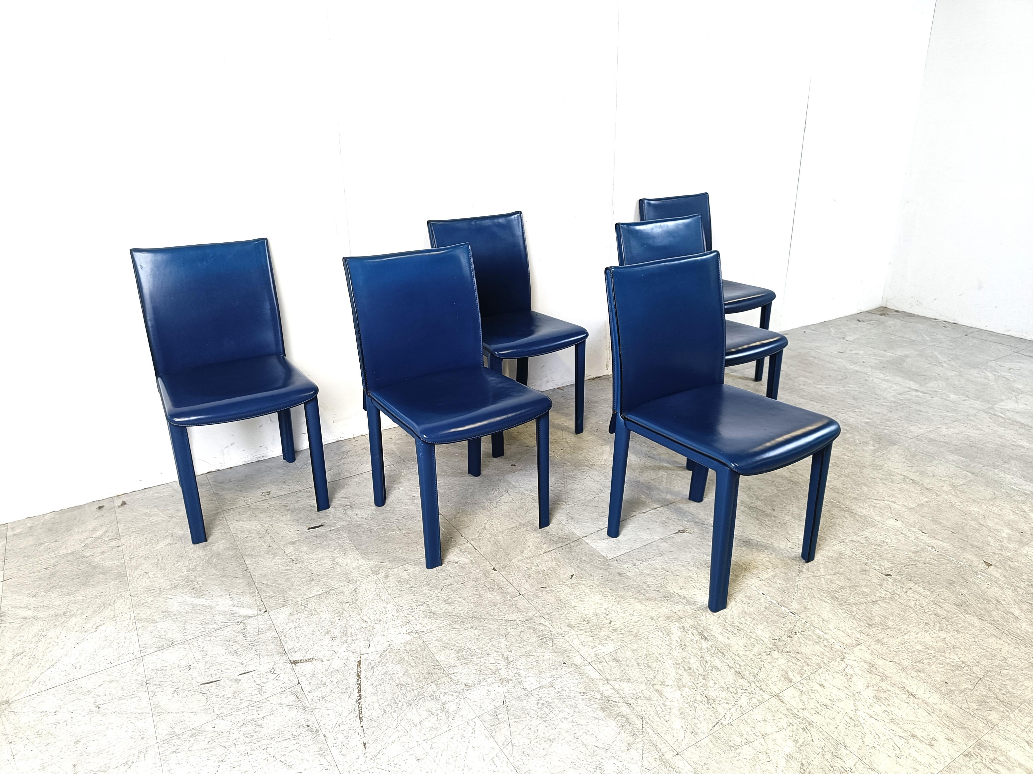 Late 20th Century Vintage blue leather dining chairs by Arper italy, 1980s