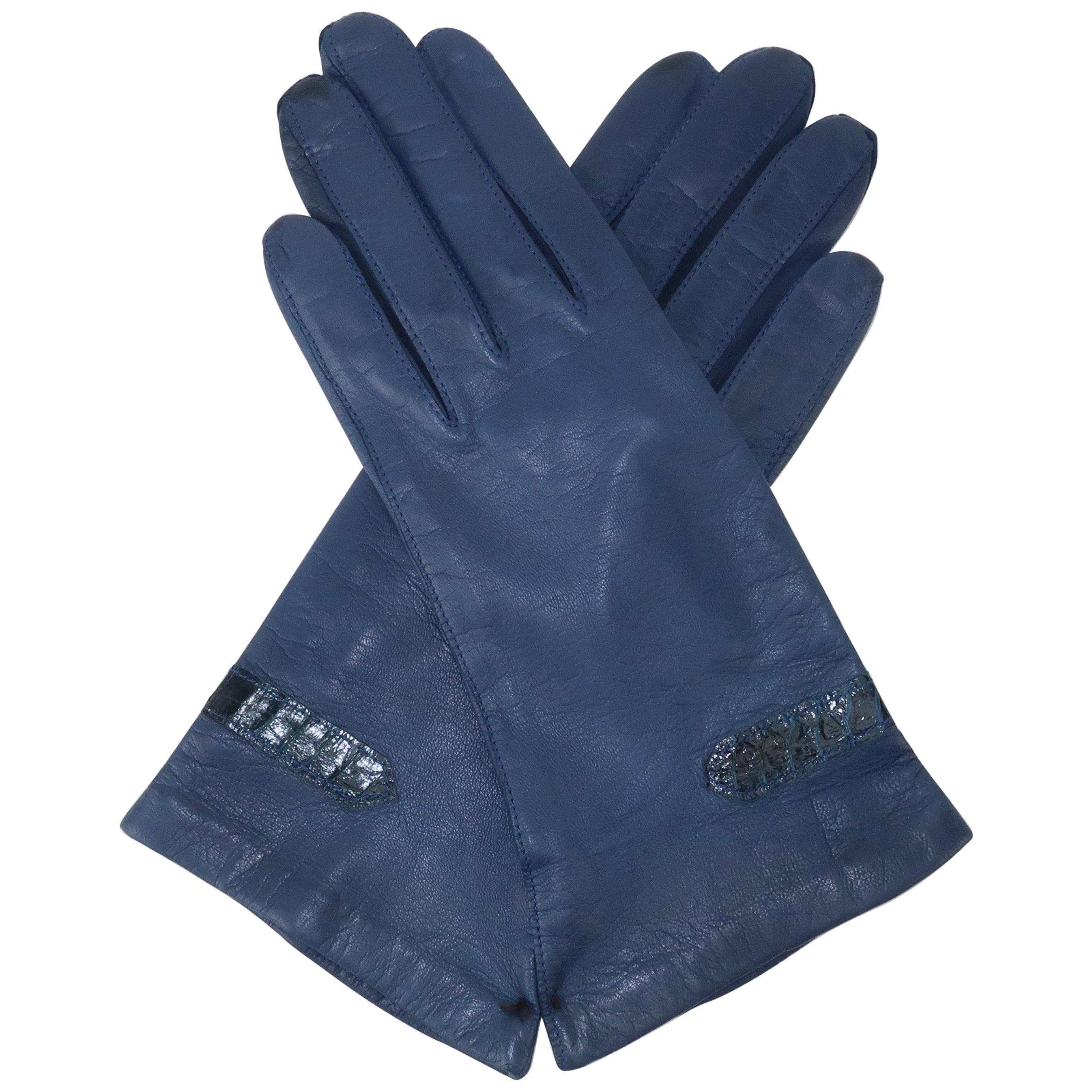 Vintage Blue Leather Gloves With Snakeskin Details