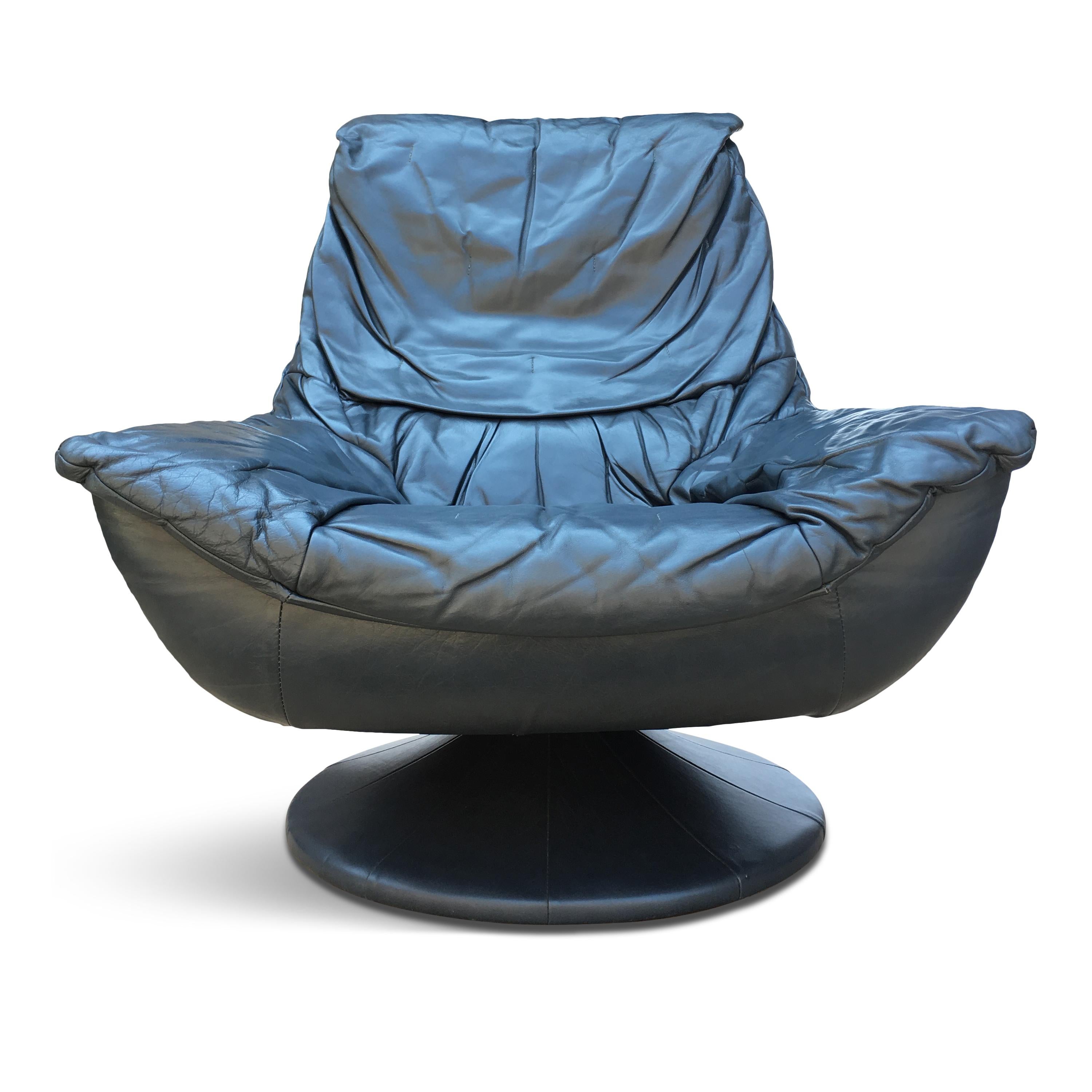 Modern Vintage Blue Leather Swivel Lounge Chair and Ottoman Set, 1970s For Sale