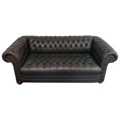 Vintage Blue Leather Tufted Sofa
