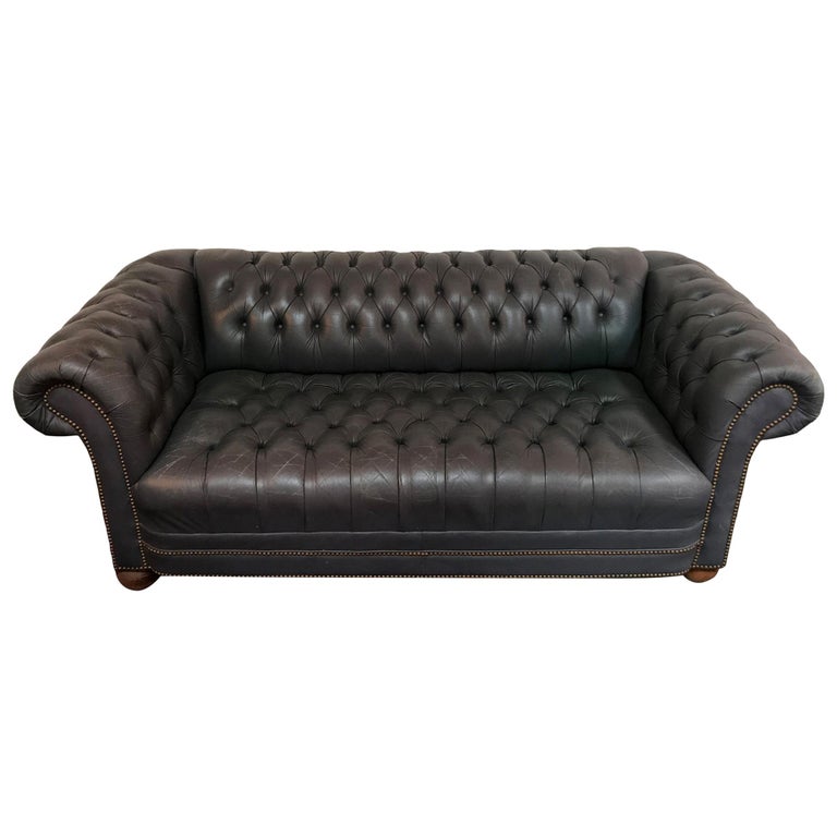 Vintage Blue Leather Tufted Sofa At 1stdibs, Grey Leather Tufted Sofa
