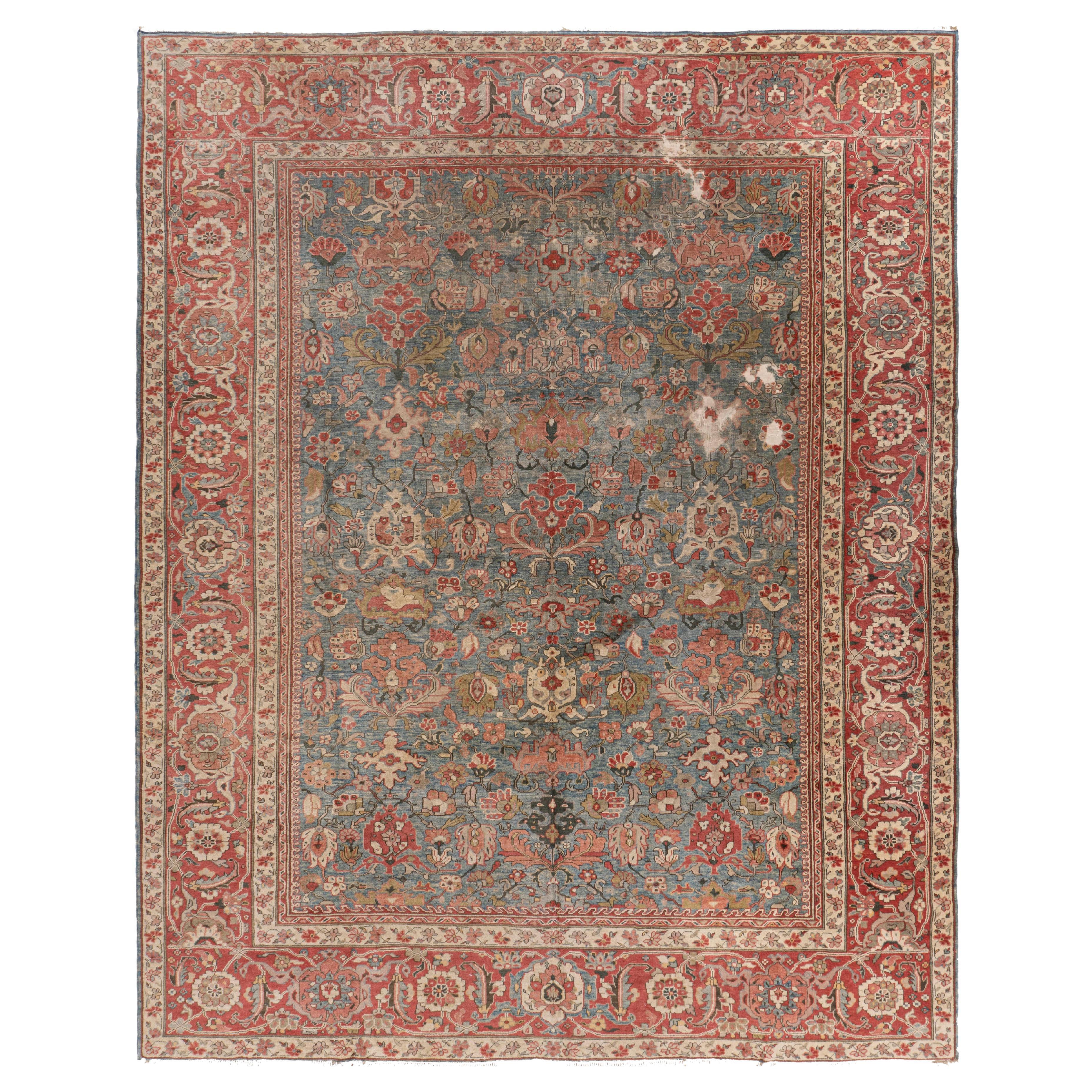 Vintage Blue Lightly Distressed Persian Sultanabad Hand Woven Rug