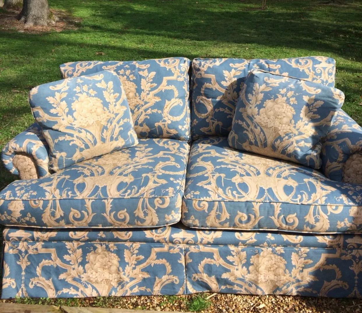 Gorgeous sky blue linen with sand colored pattern 2-seat sofa by Baker Furniture with accent pillows and skirt. Hardwood frame, 8 way handtied quality construction sofa. Wonderful vintage condition