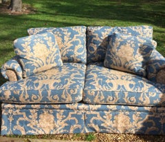 Vintage Blue Linen French Provincial Baker Two-Seat Sofa with Tan Floral Accents