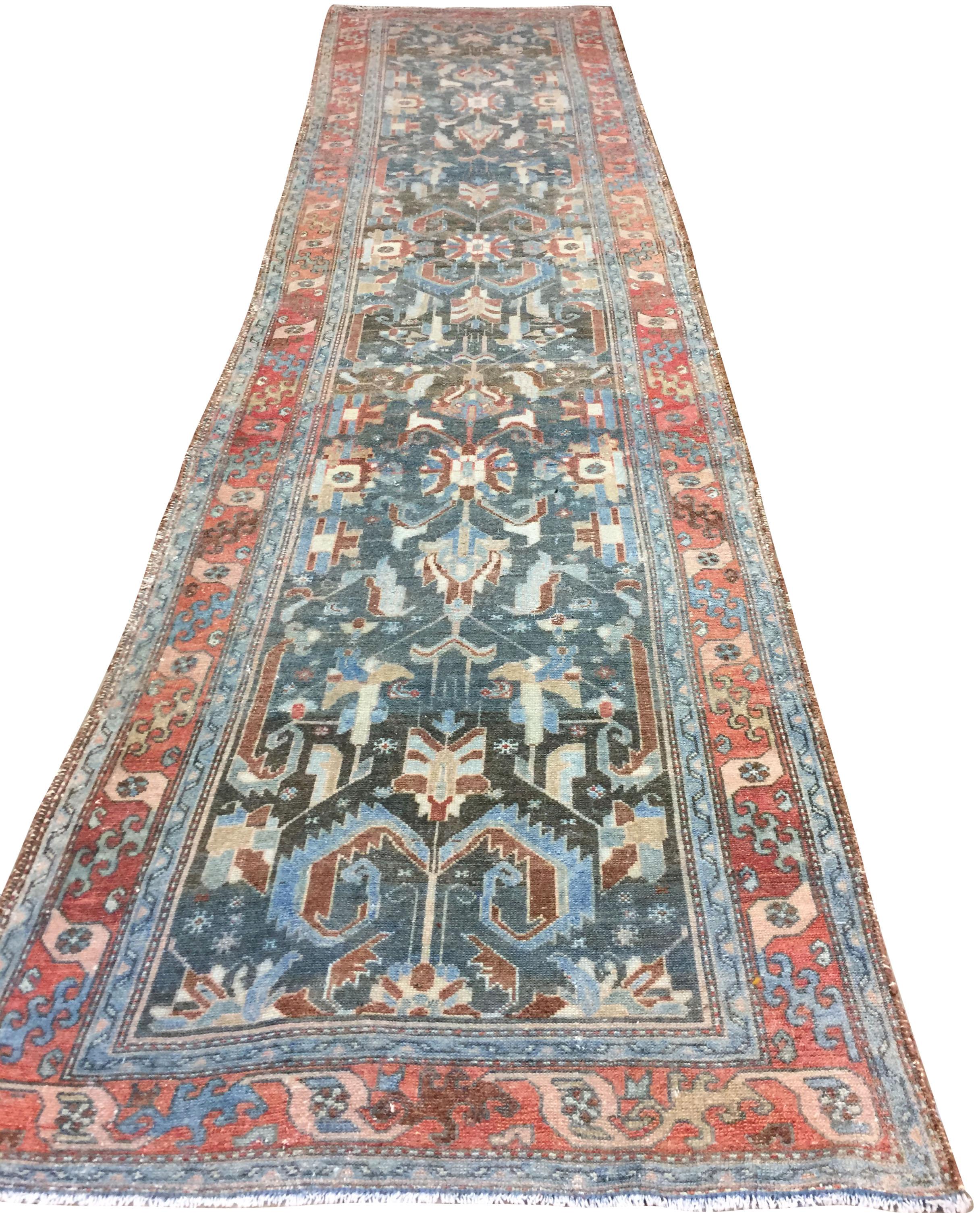 Vintage Blau Malayer Läufer, 3'3 x 12'10 (Persisch) im Angebot