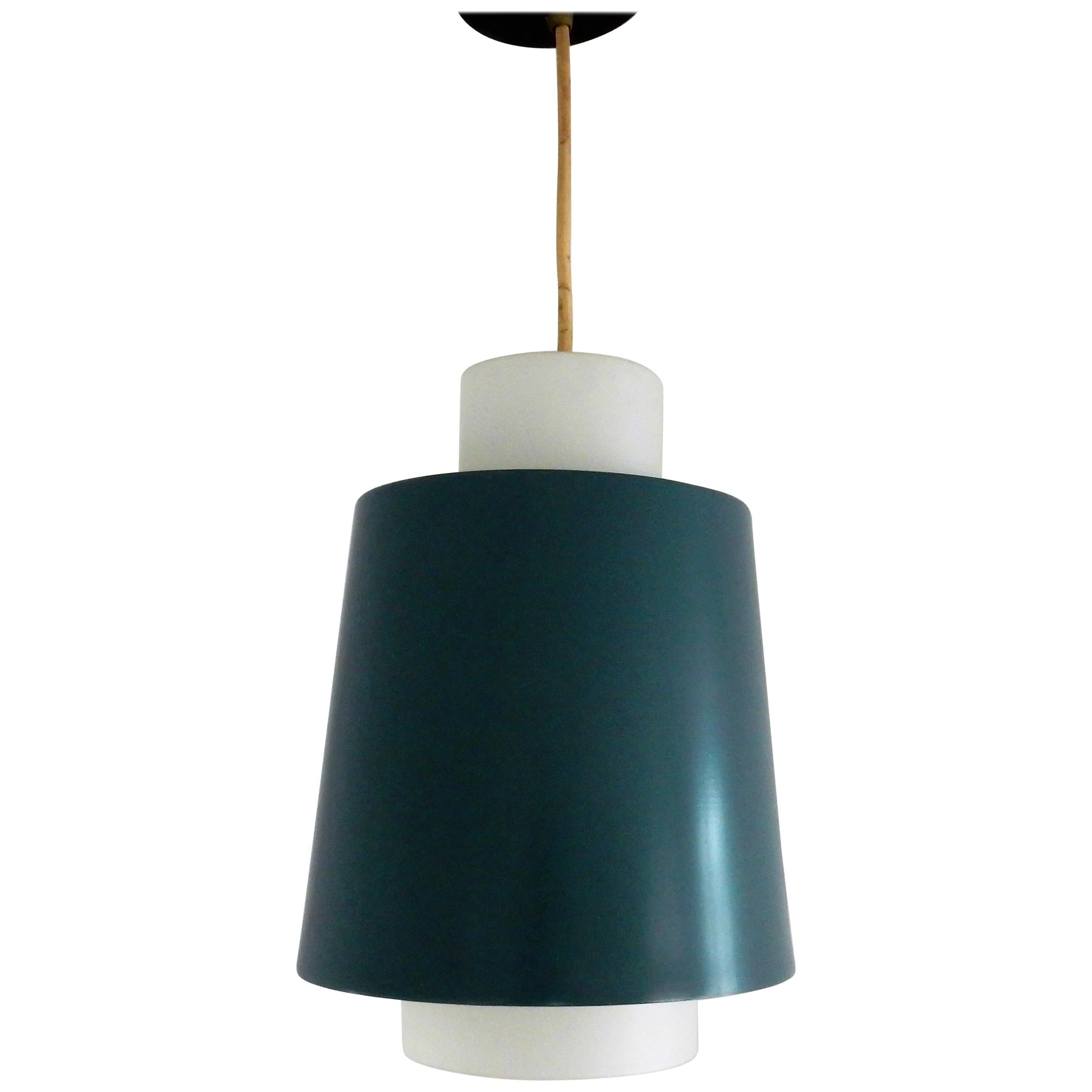 Vintage Blue Metal and White Opaline Glass Pendant Lamp, 1960s For Sale