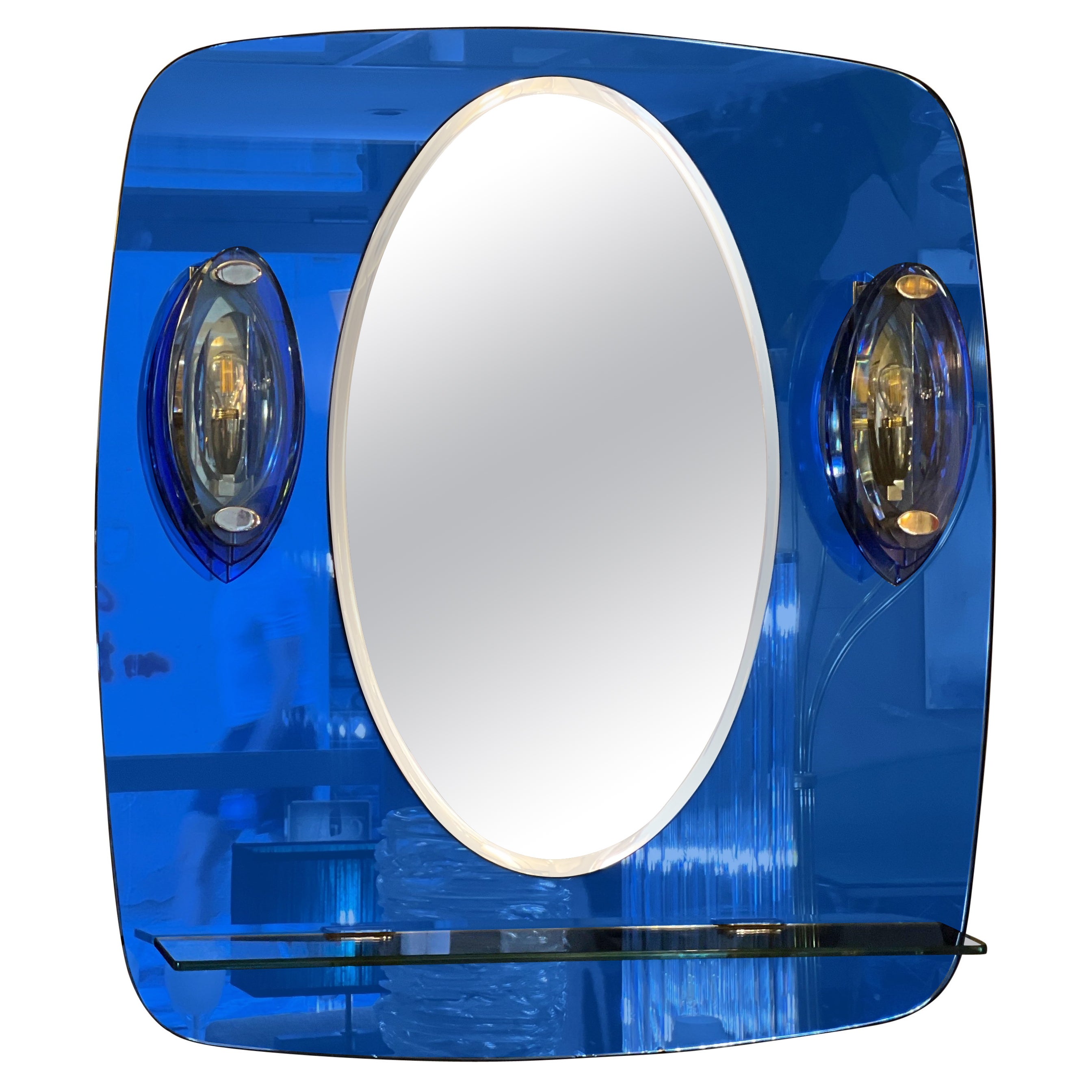 Vintage Blue Mirror with Sconces by Cristal Art, Turin Italy 1960s
