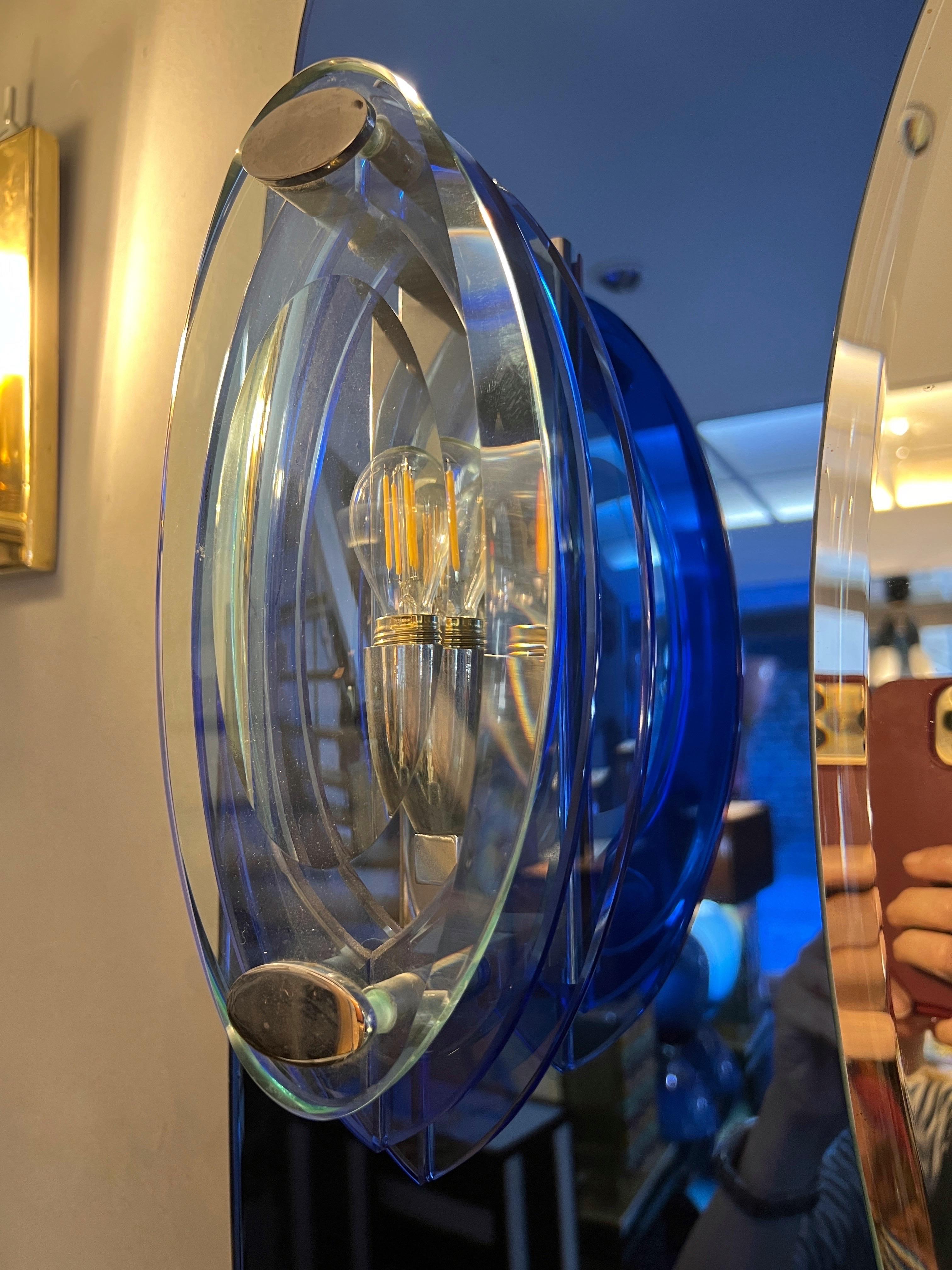 Vintage Blue Mirror with Sconces by Cristal Art, Turin Italy 1960s For Sale 4