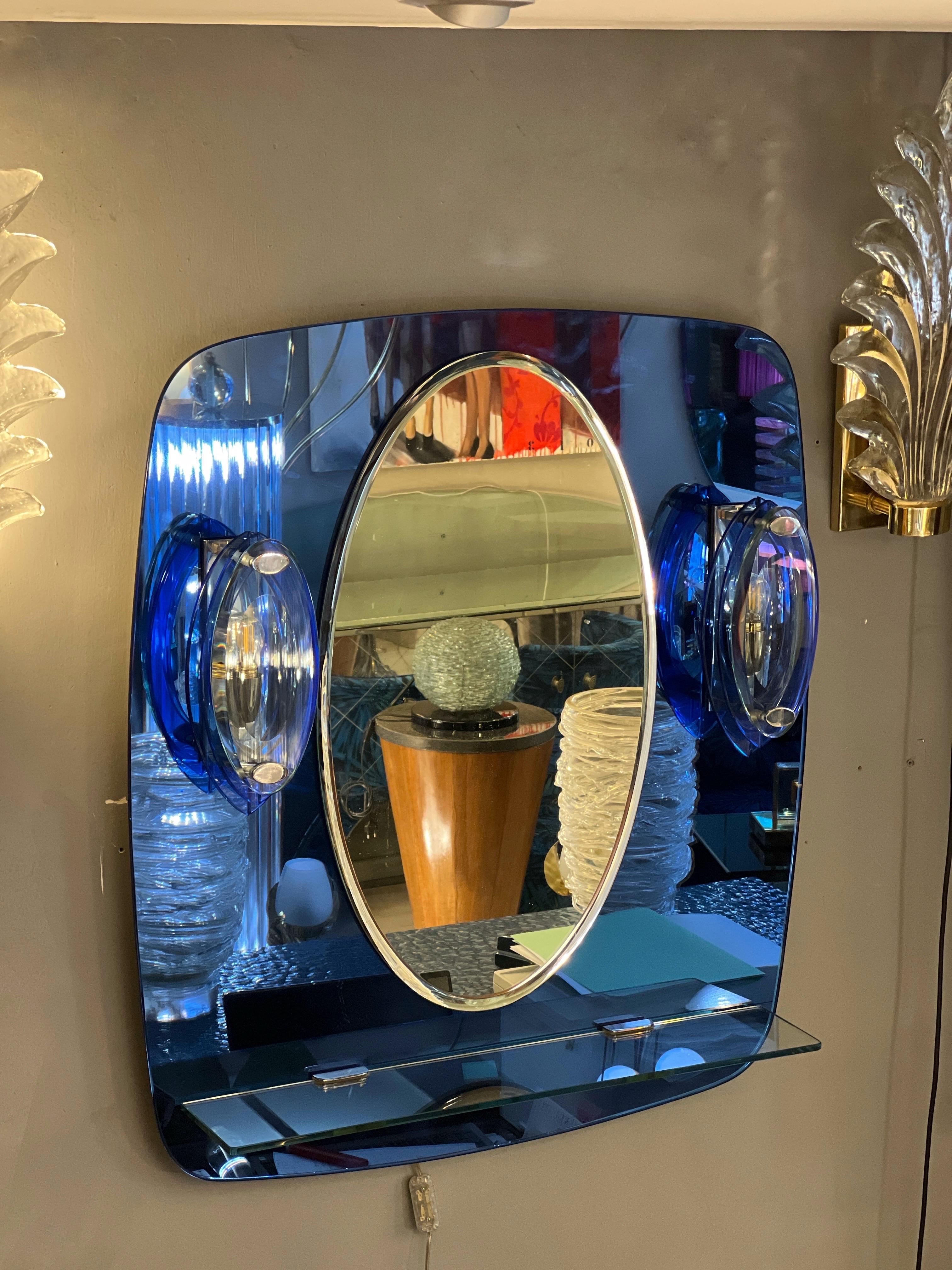 Vintage Blue Mirror with Sconces by Cristal Art, Turin Italy 1960s For Sale 5
