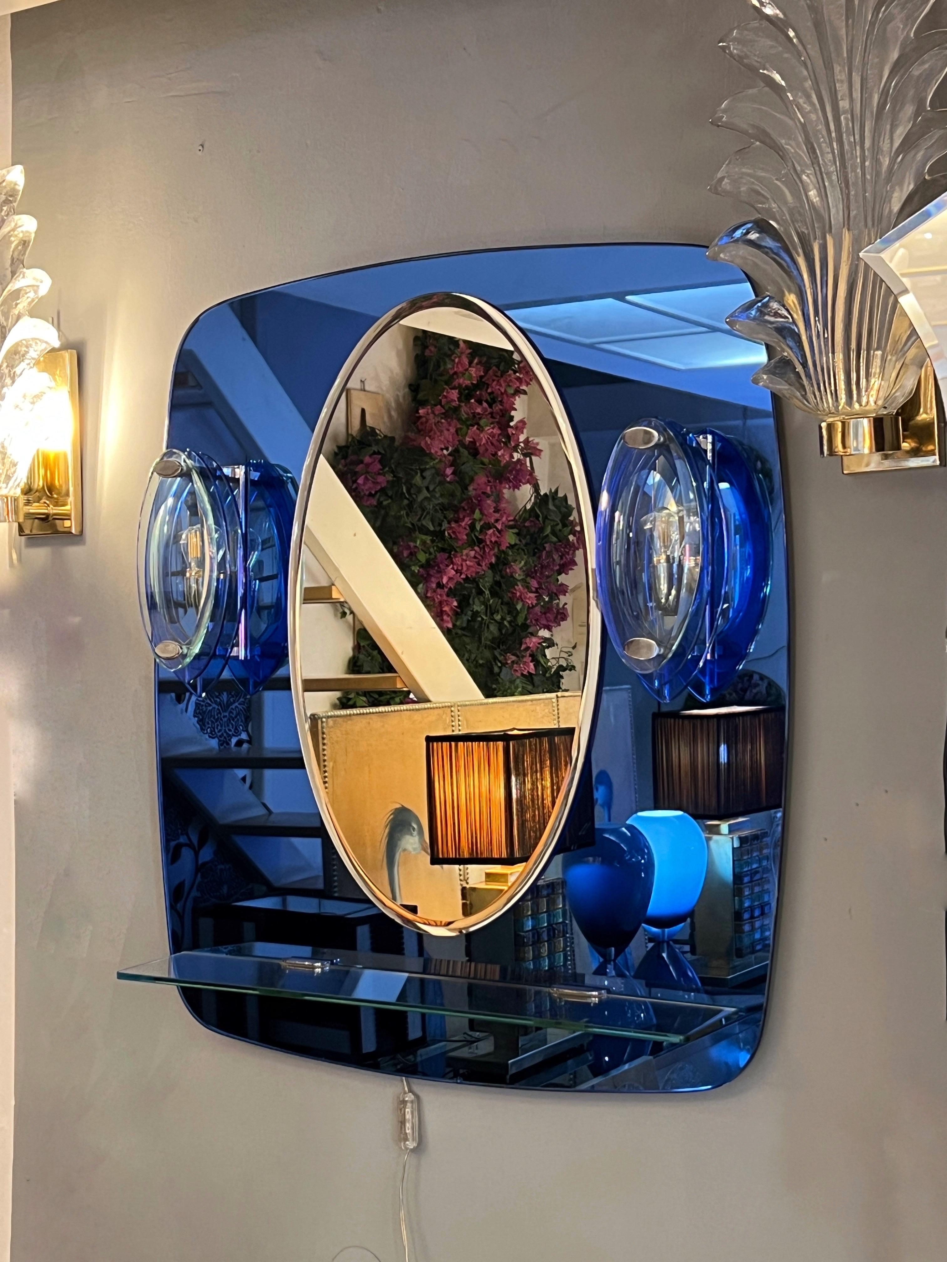 Vintage Blue Mirror with Sconces by Cristal Art, Turin Italy 1960s For Sale 6