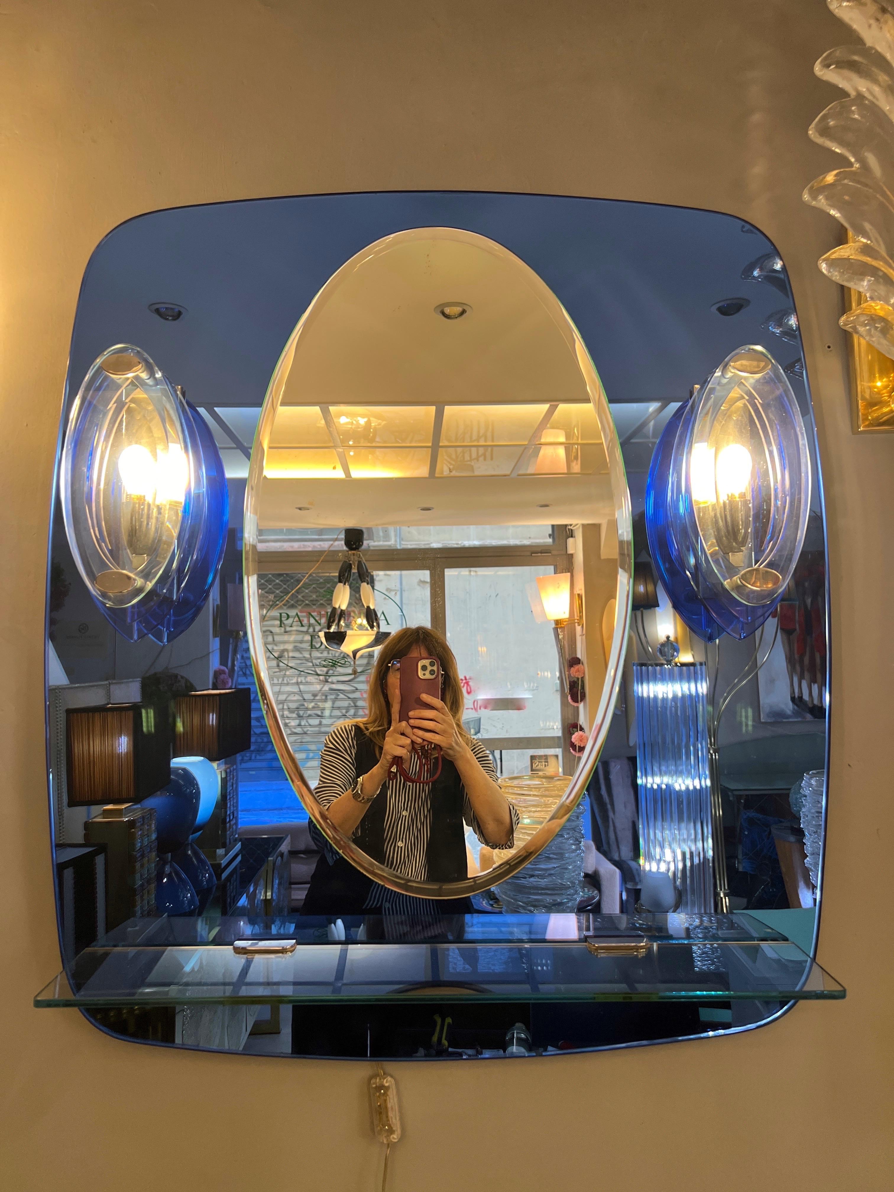 Vintage Blue Mirror with Sconces by Cristal Art, Turin Italy 1960s For Sale 7