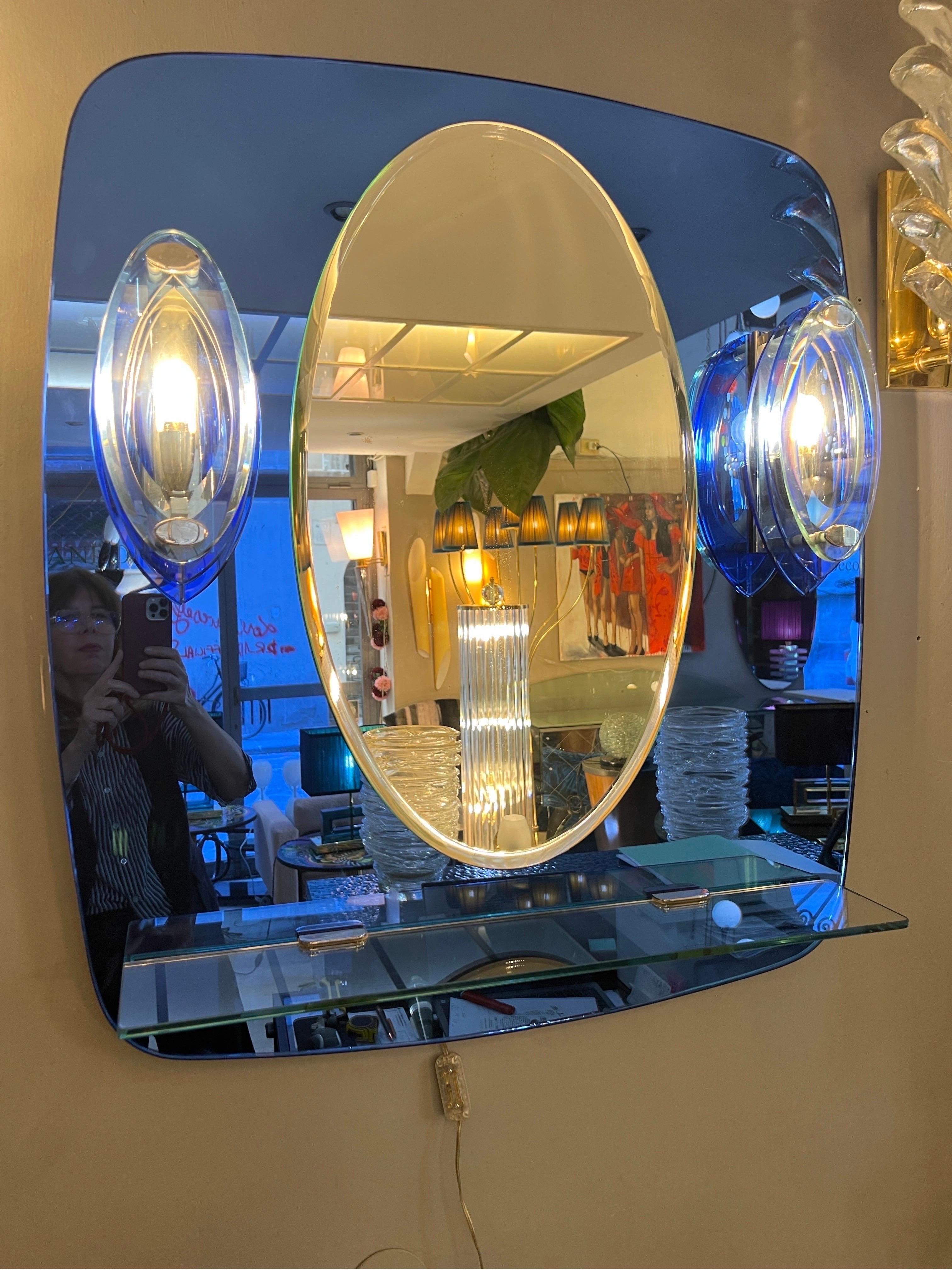Vintage Blue Mirror with Sconces by Cristal Art, Turin Italy 1960s For Sale 8