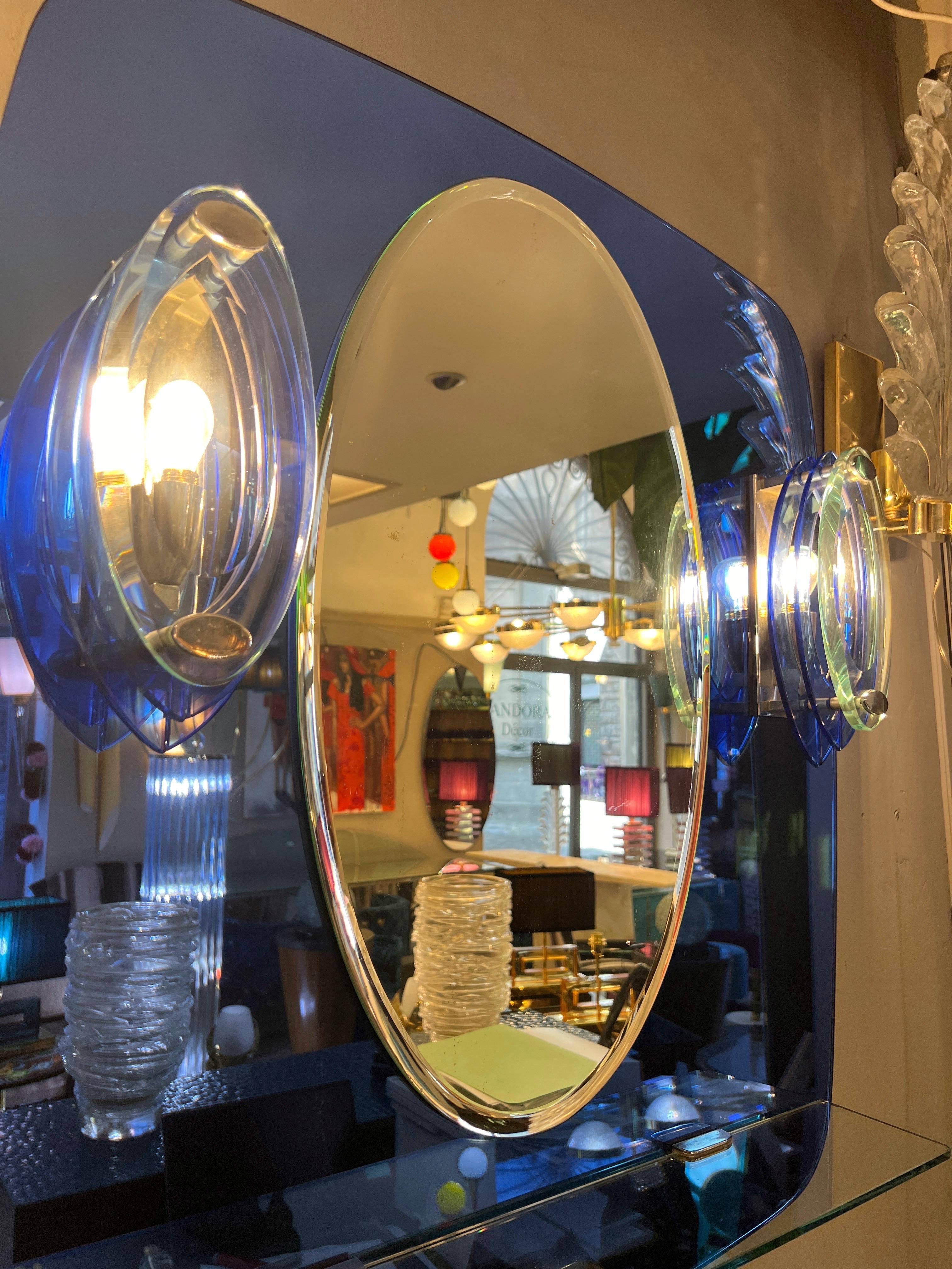 Vintage Blue Mirror with Sconces by Cristal Art, Turin Italy 1960s For Sale 9