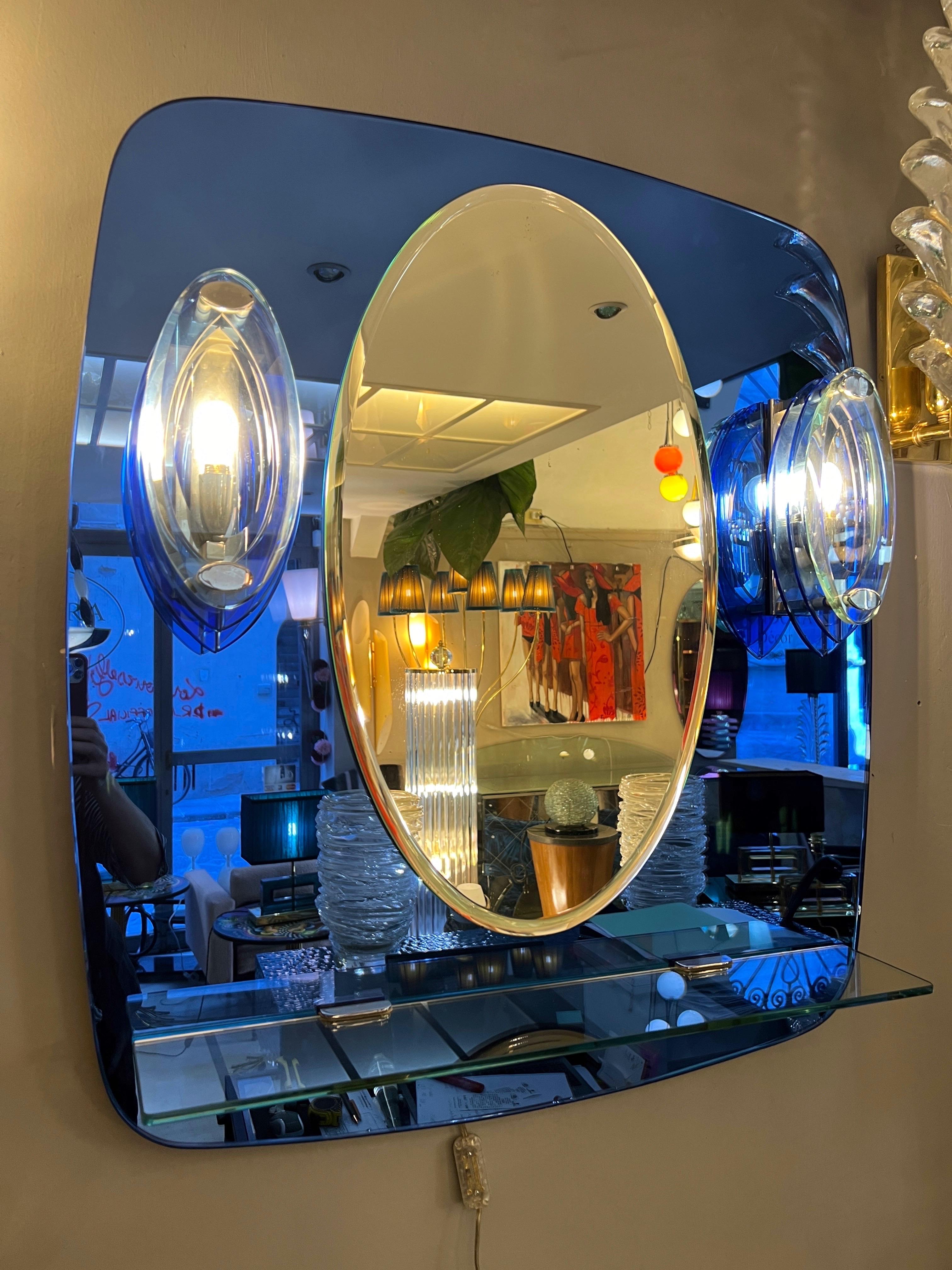 Vintage Blue Mirror with Sconces by Cristal Art, Turin Italy 1960s For Sale 11