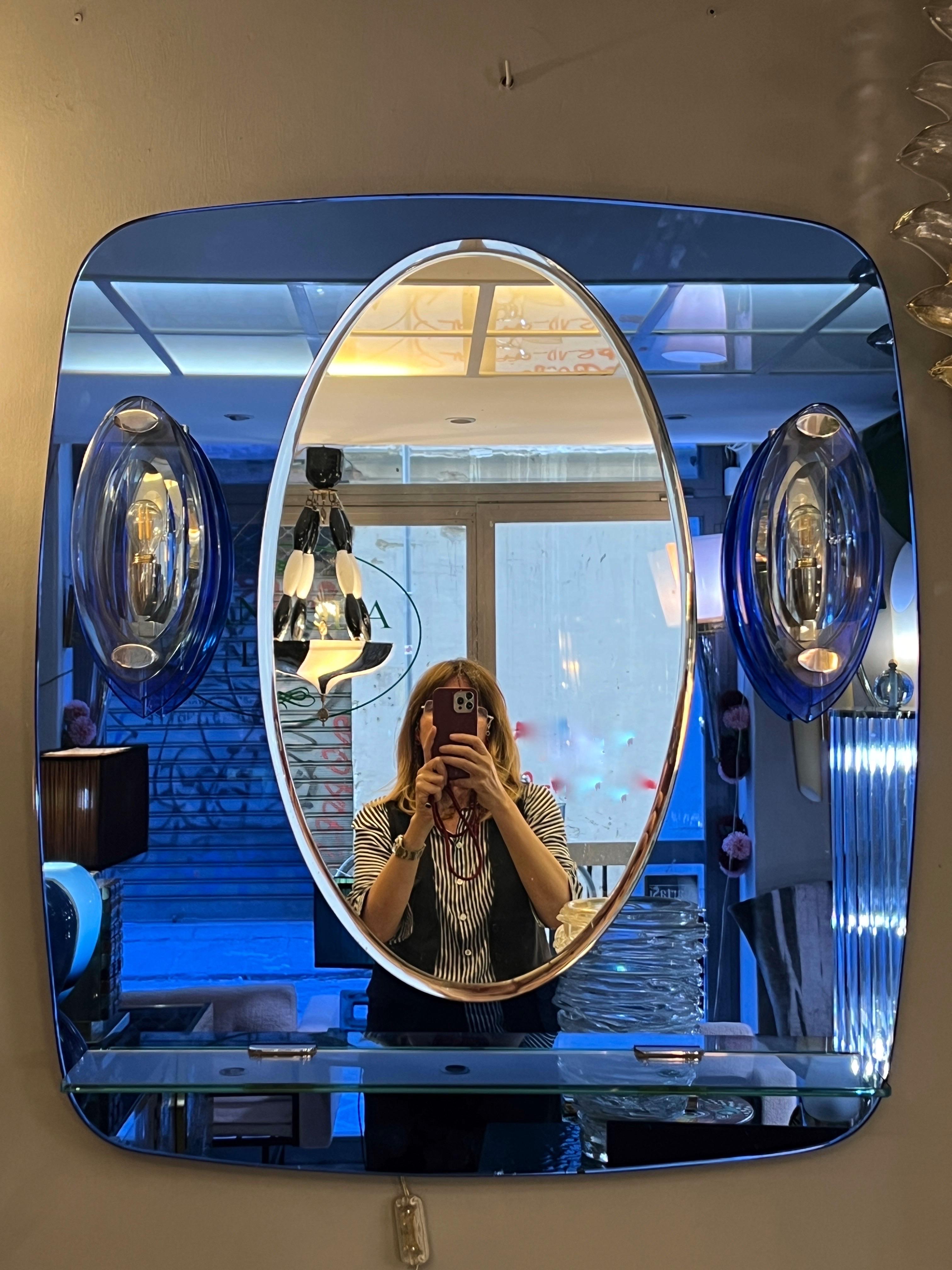 Mid-Century Modern Vintage Blue Mirror with Sconces by Cristal Art, Turin Italy 1960s For Sale