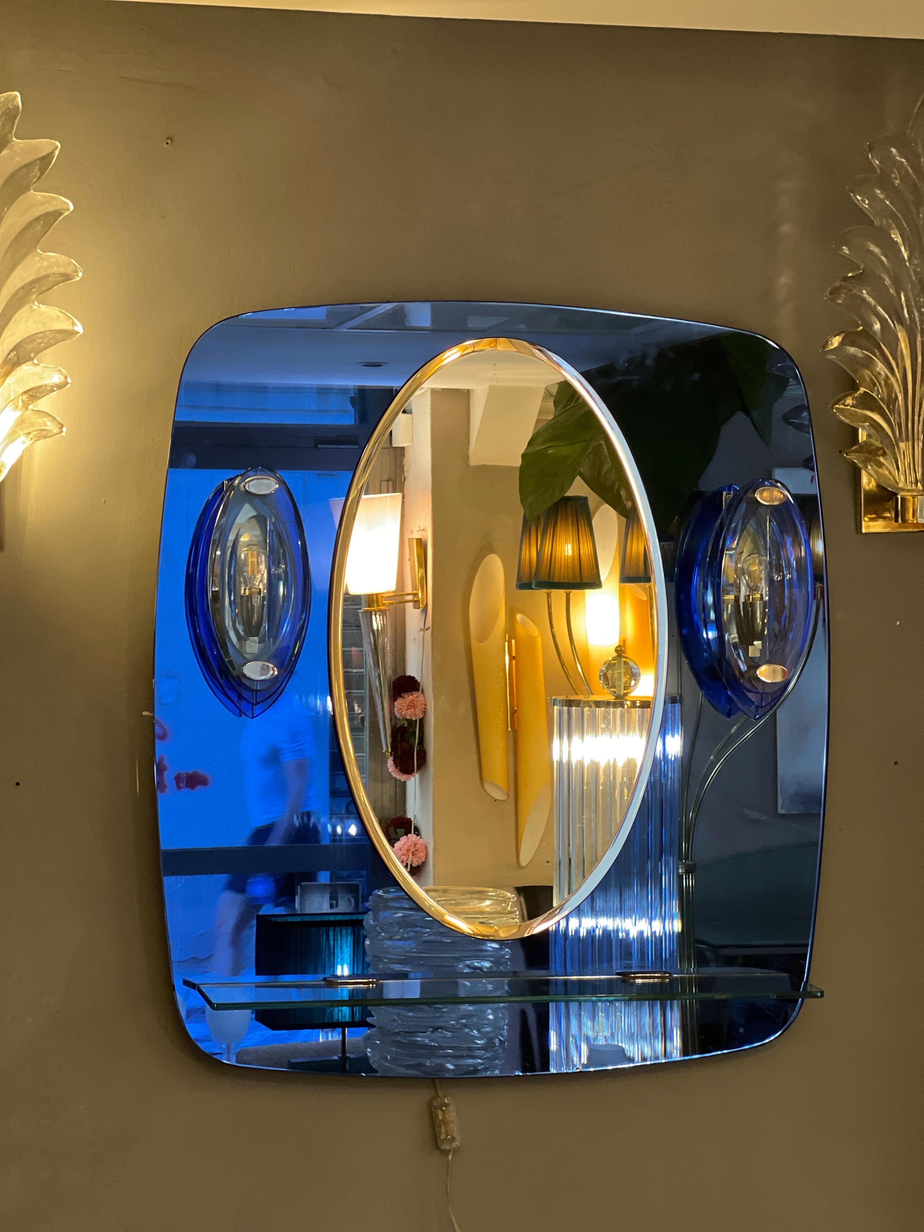 Italian Vintage Blue Mirror with Sconces by Cristal Art, Turin Italy 1960s For Sale