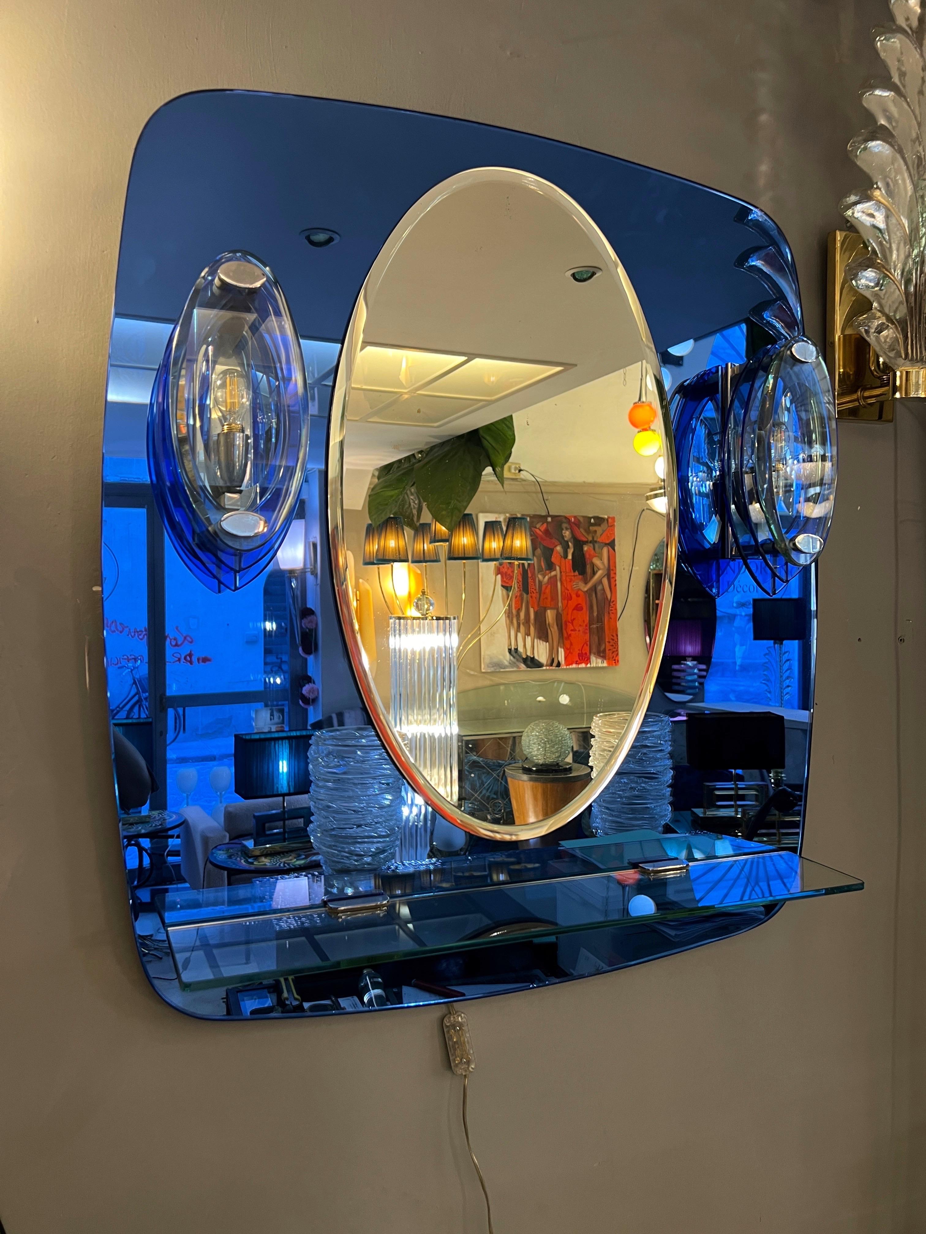 Vintage Blue Mirror with Sconces by Cristal Art, Turin Italy 1960s In Good Condition For Sale In Florence, IT