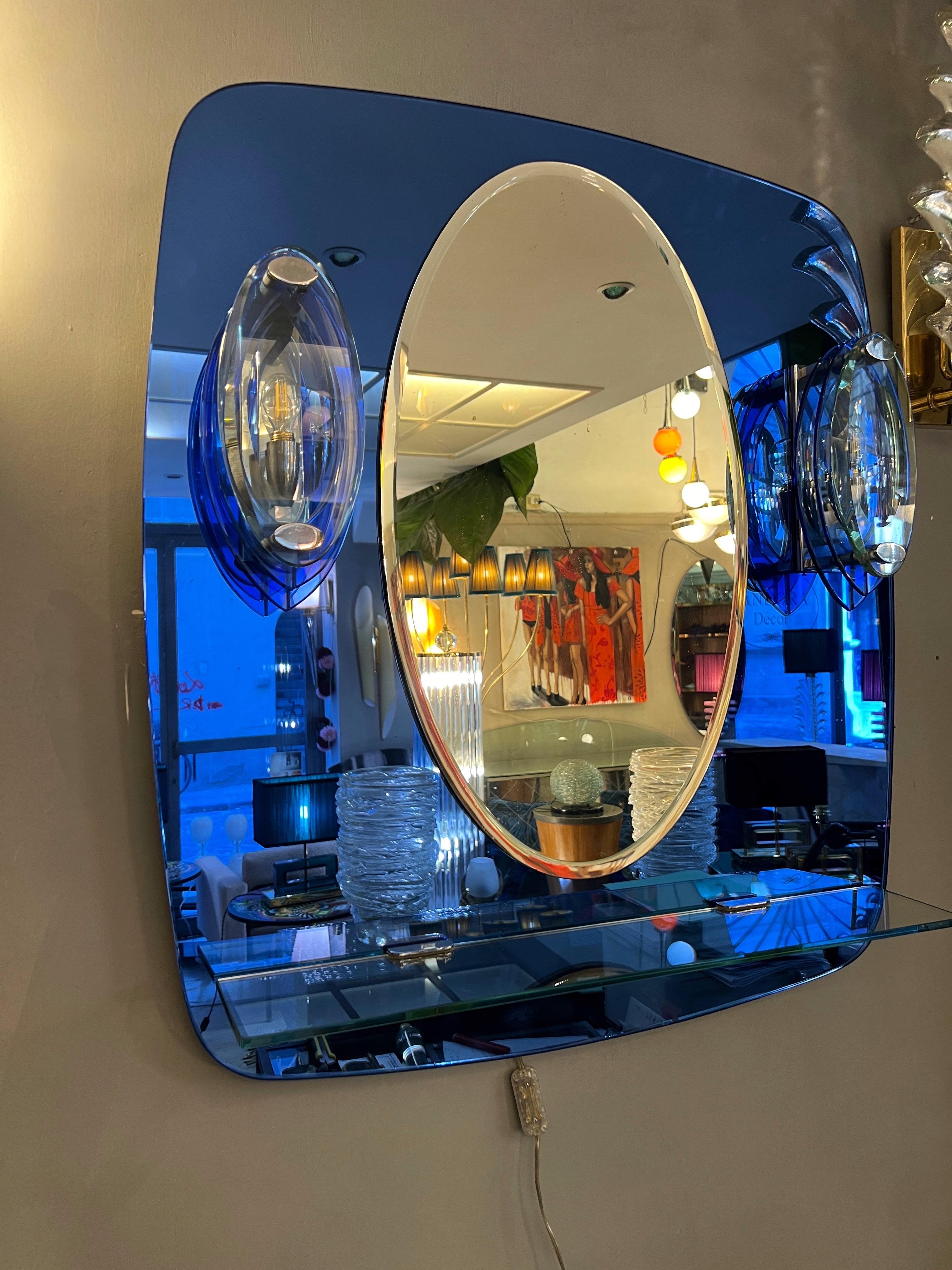 20th Century Vintage Blue Mirror with Sconces by Cristal Art, Turin Italy 1960s For Sale
