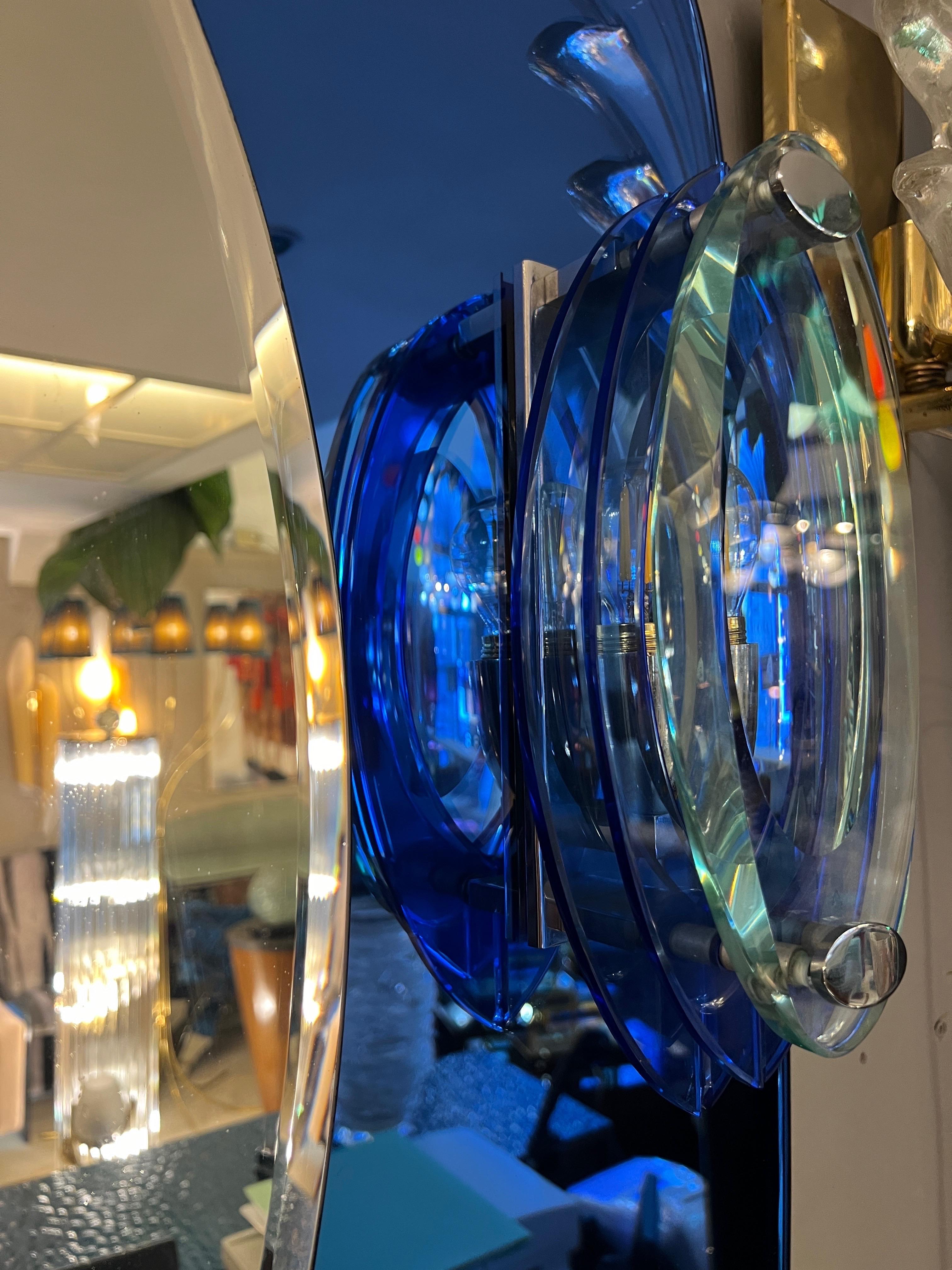 Vintage Blue Mirror with Sconces by Cristal Art, Turin Italy 1960s For Sale 1