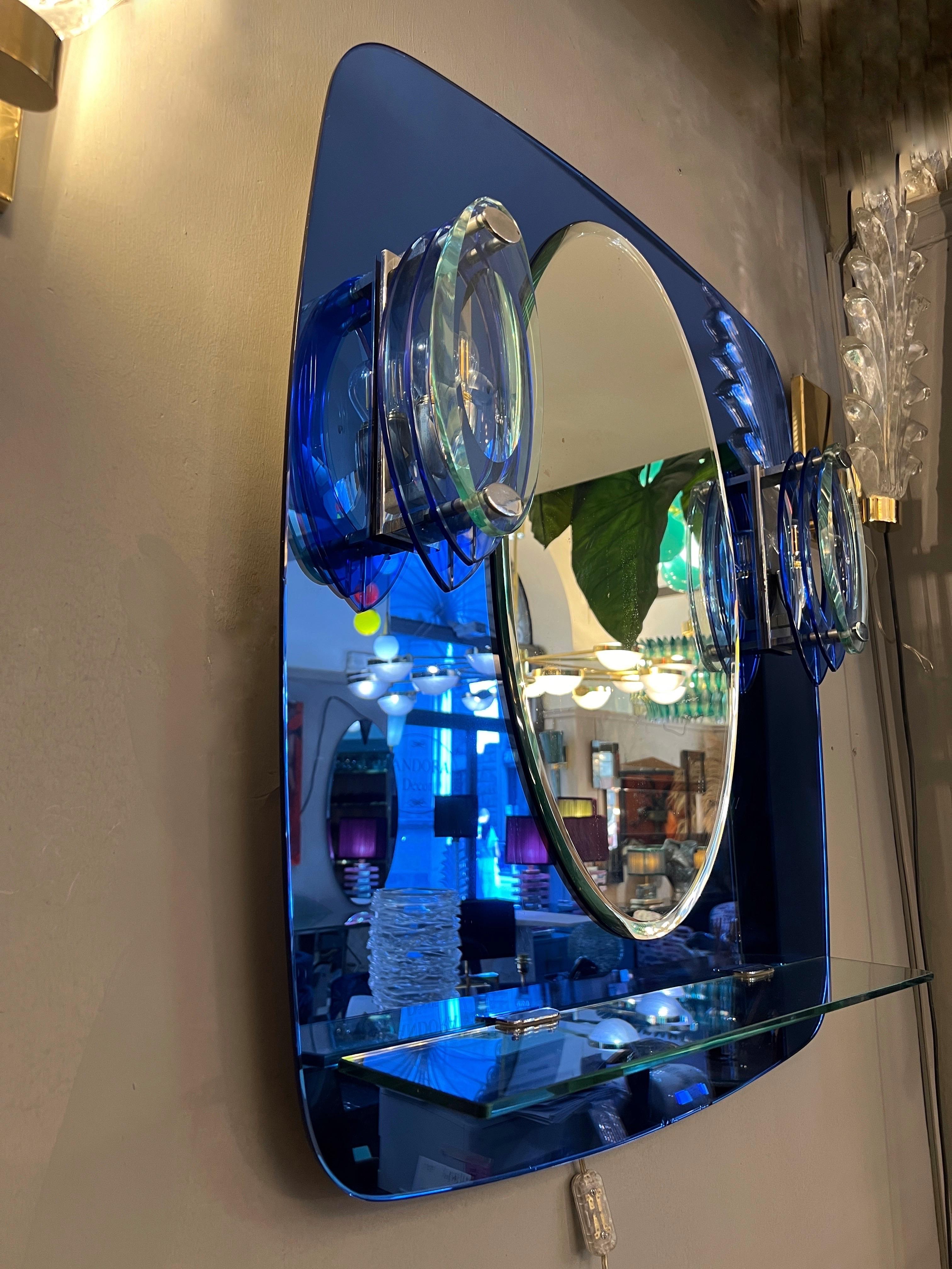 Vintage Blue Mirror with Sconces by Cristal Art, Turin Italy 1960s For Sale 3