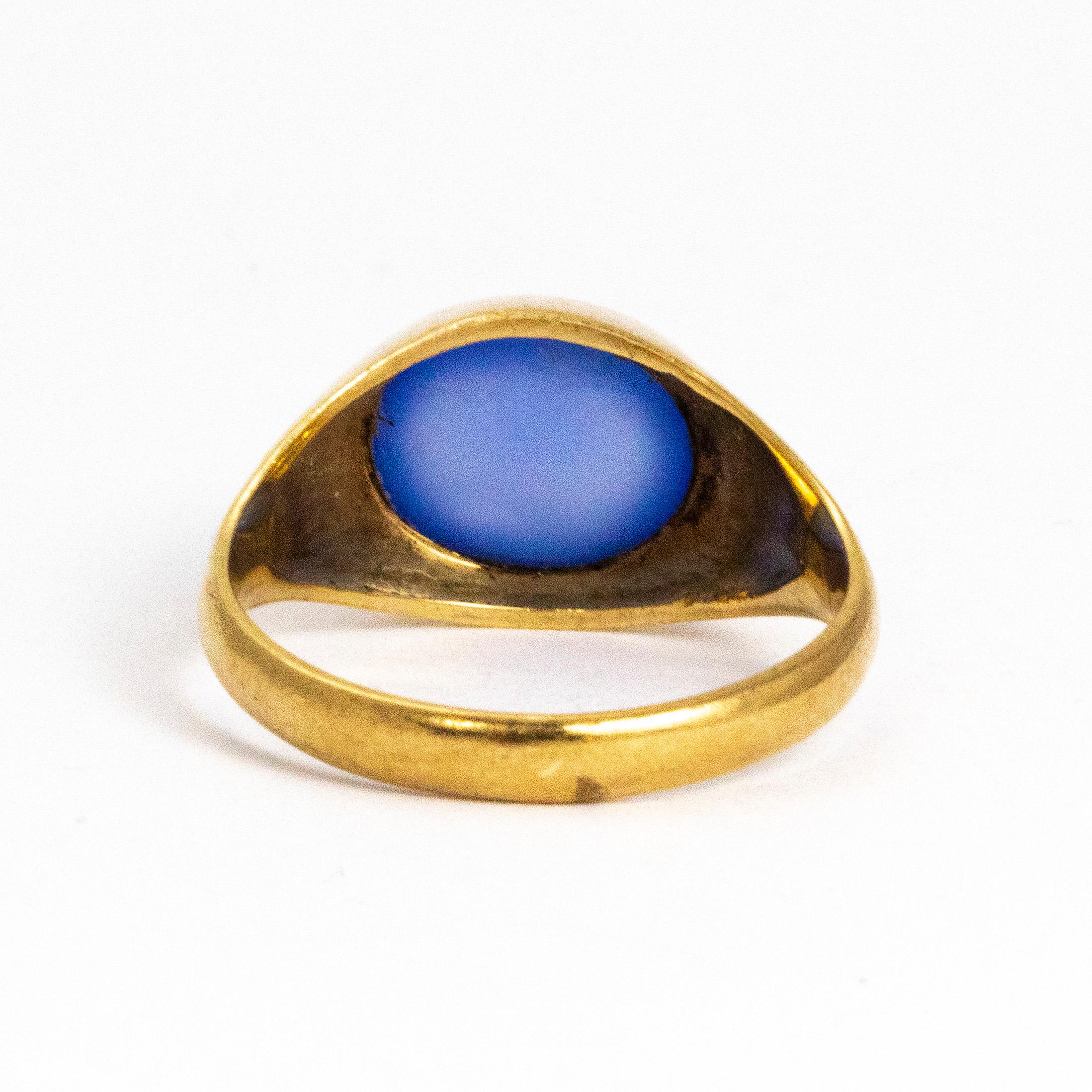 Modern Vintage Blue Moonstone and 9 Carat Gold Signet Ring