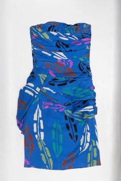 Vintage Blue & Multicolor Vicky Tiel 1980s Silk Printed Cocktail Dress Size US S