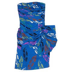Vintage Blue & Multicolor Vicky Tiel 1980s Silk Printed Cocktail Dress Size US S