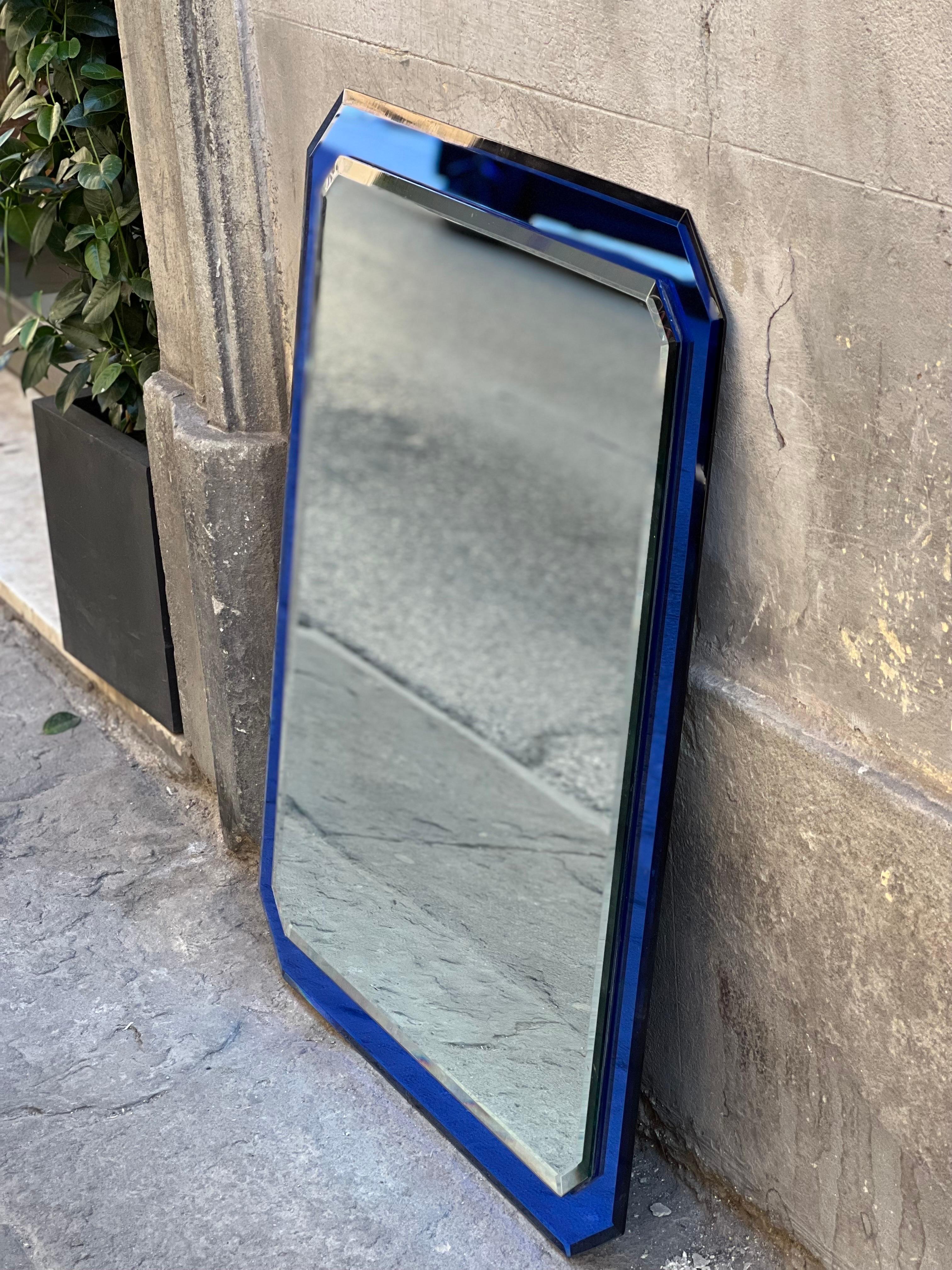 Italian Vintage Blue Murano glass frame mirror attributed to Fontana Arte, 1960s