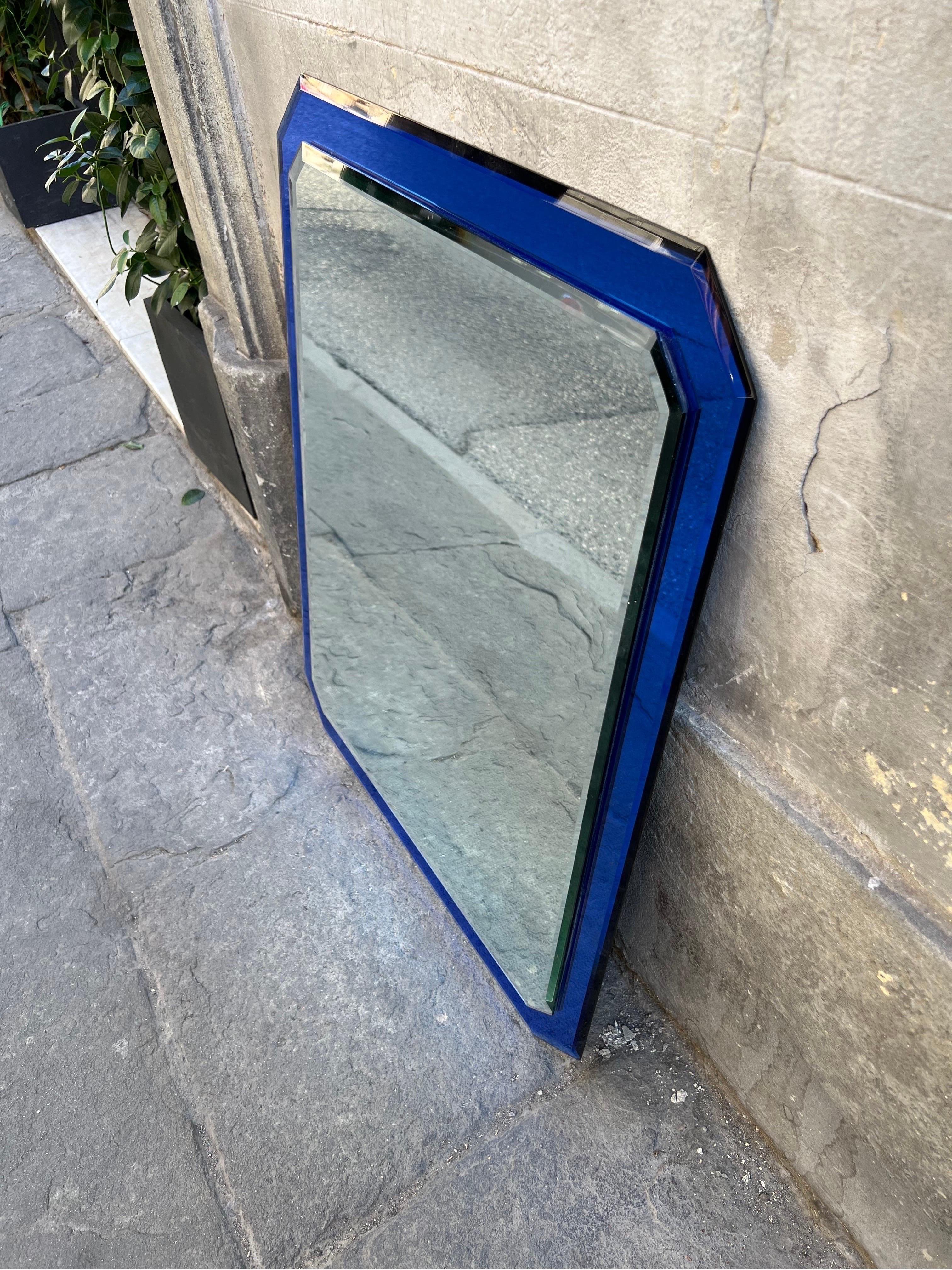 Vintage Blue Murano glass frame mirror attributed to Fontana Arte, 1960s In Good Condition In Florence, IT