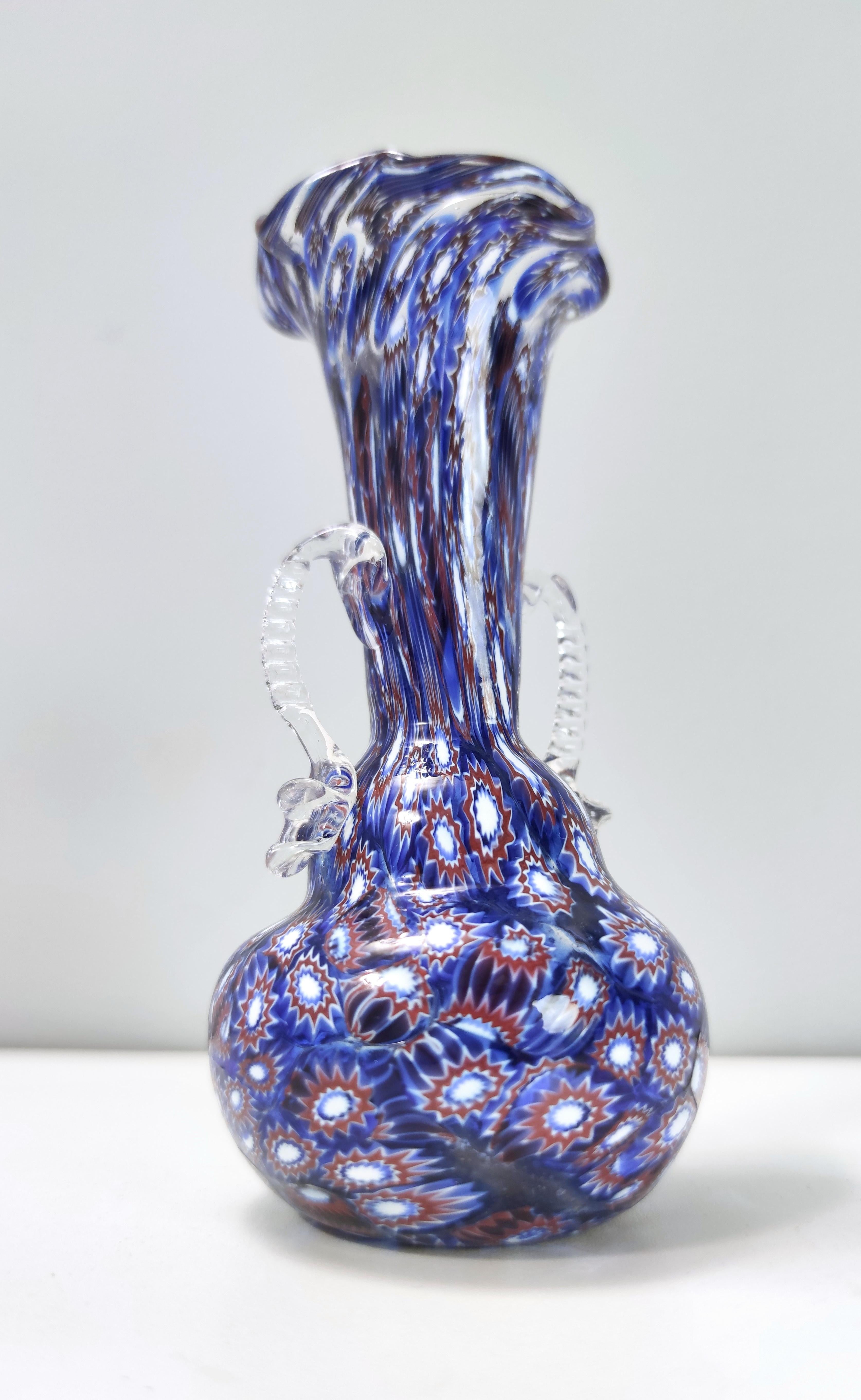 Vintage Blue Murano Glass Vase Ascribable to Fratelli Toso with Murrines, Italy For Sale 4