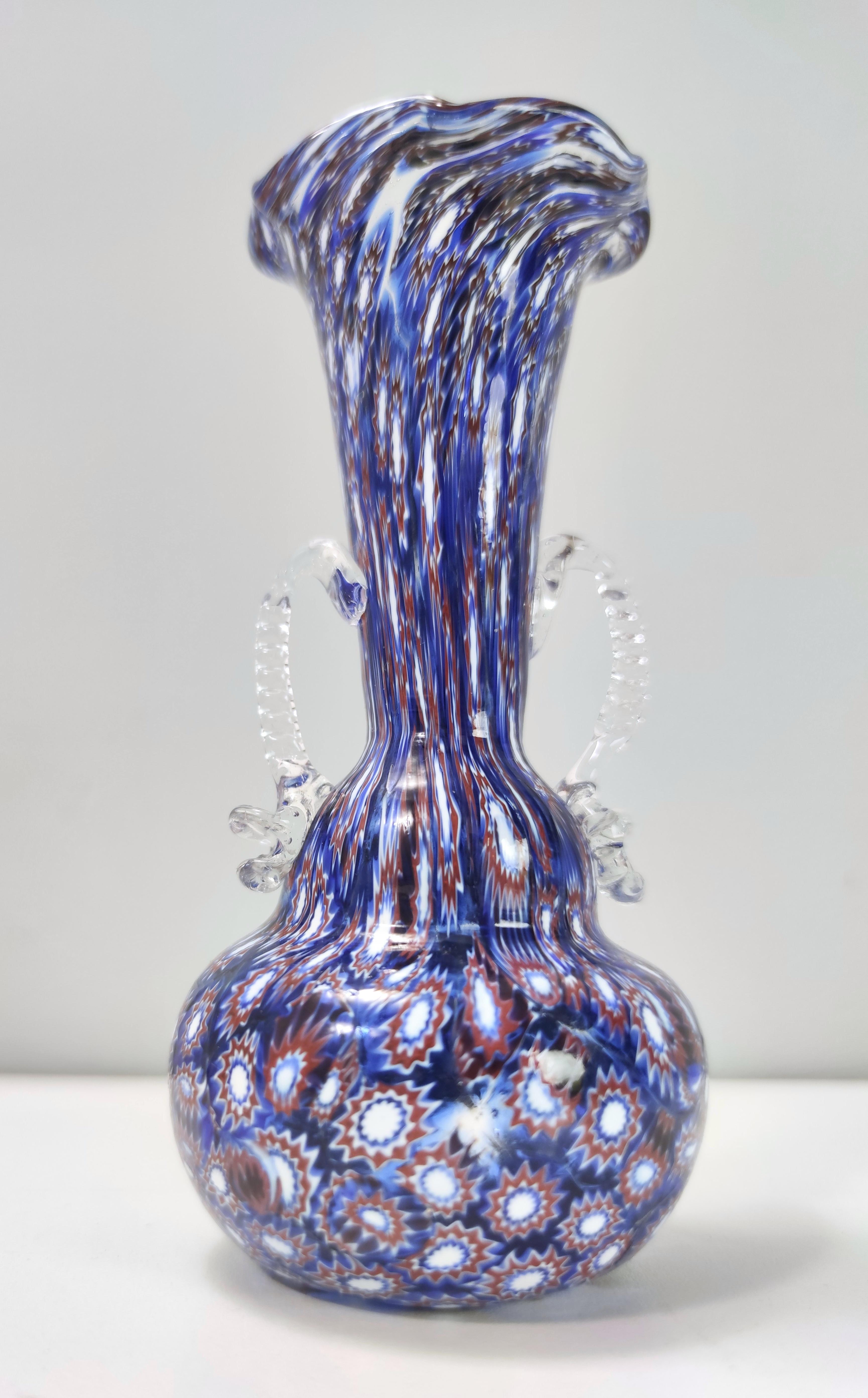 Vintage Blue Murano Glass Vase Ascribable to Fratelli Toso with Murrines, Italy For Sale 5