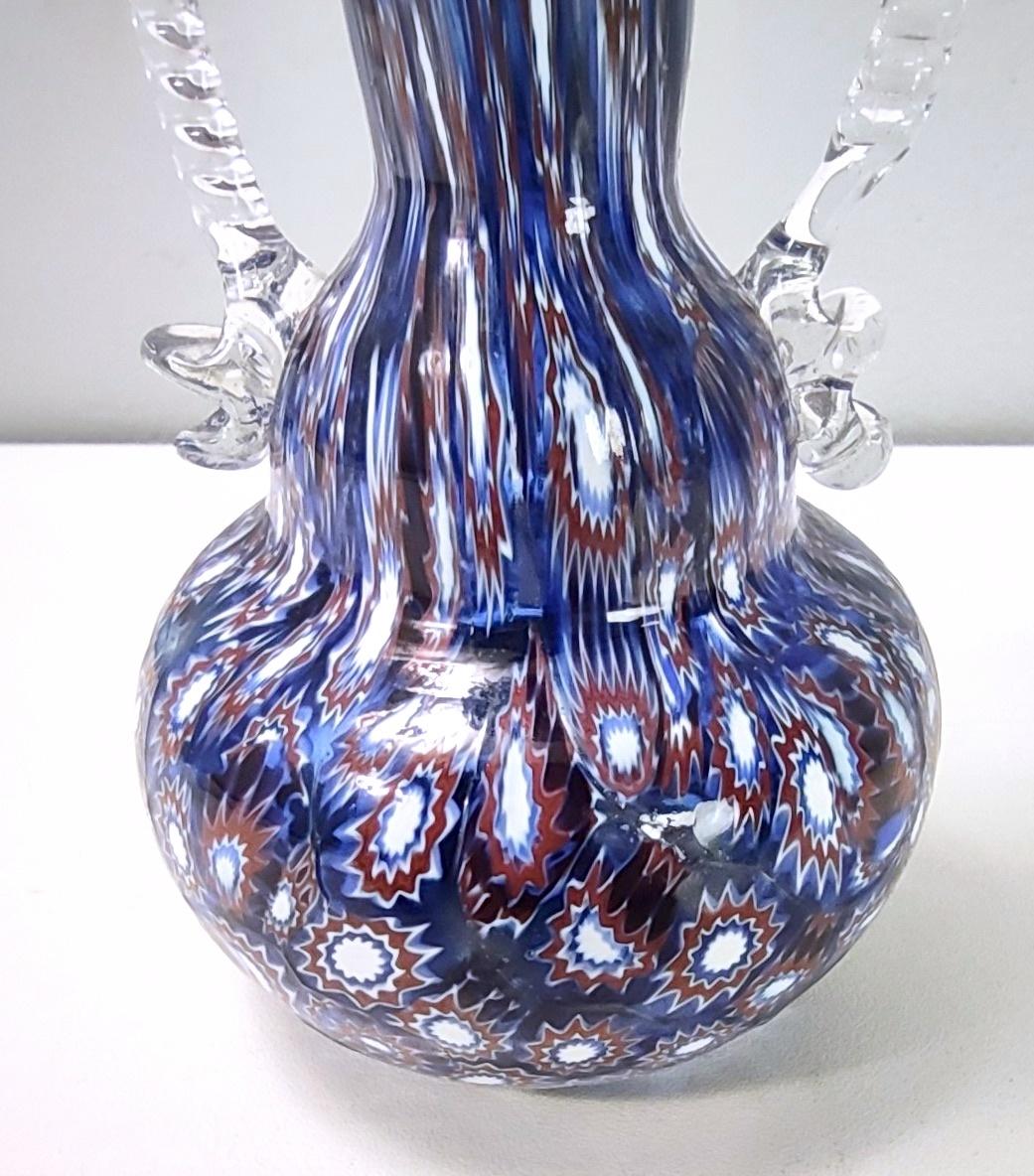 Vintage Blue Murano Glass Vase Ascribable to Fratelli Toso with Murrines, Italy For Sale 6