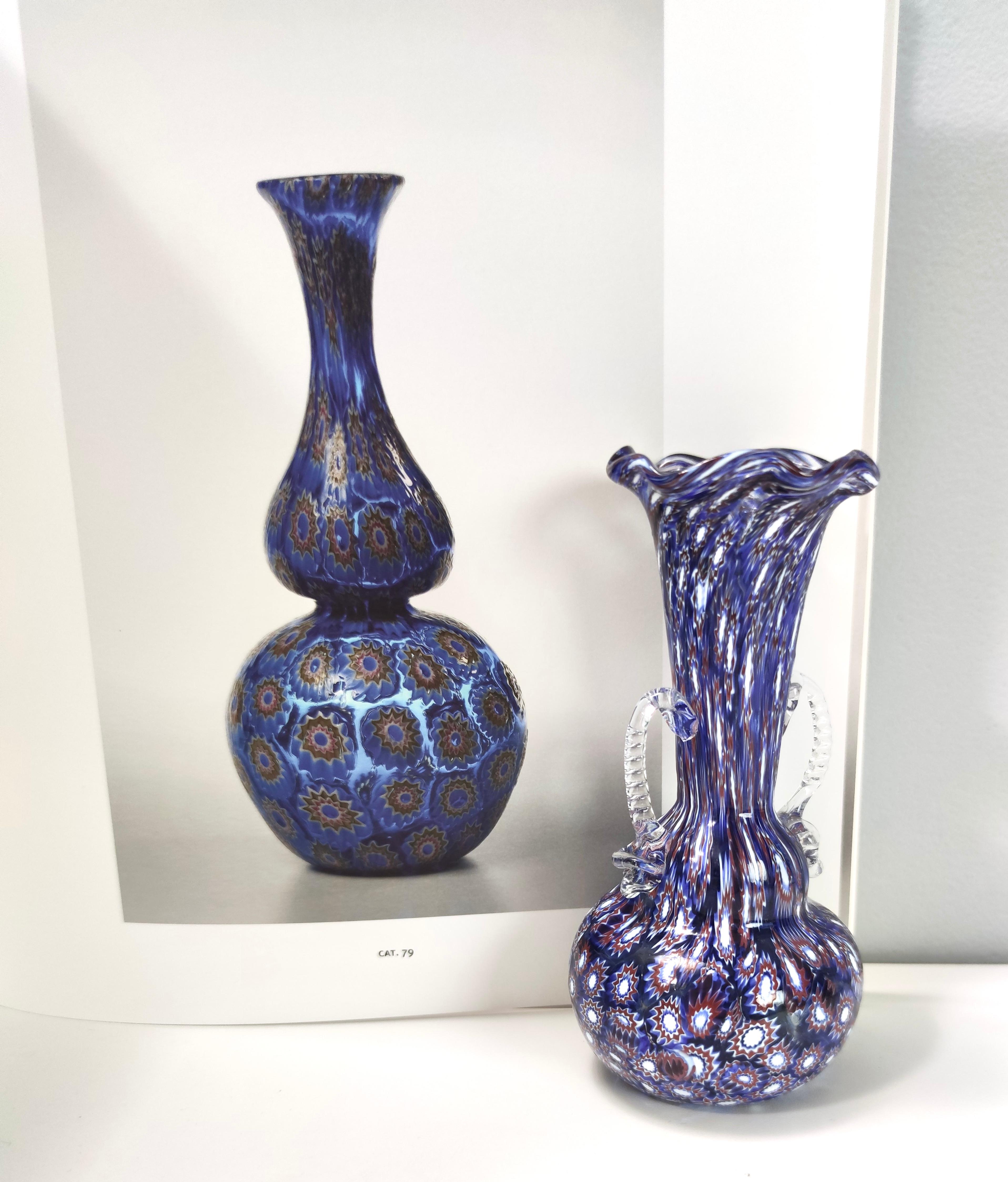Italian Vintage Blue Murano Glass Vase Ascribable to Fratelli Toso with Murrines, Italy For Sale