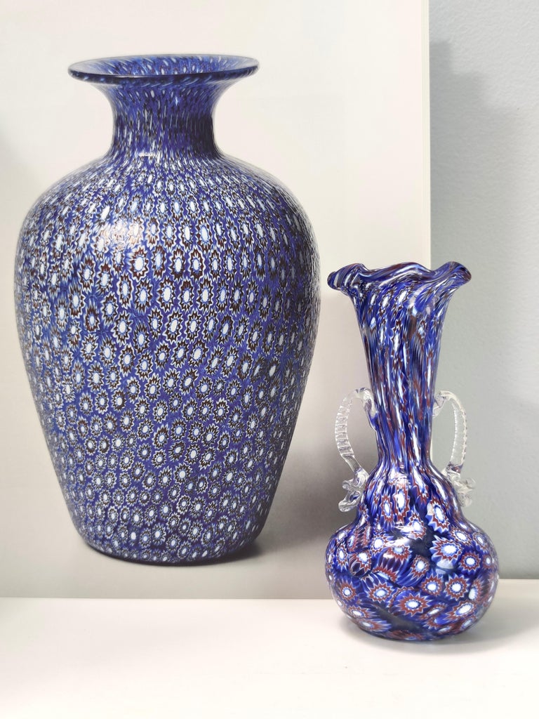 Vintage Blue Murano Glass Vase Ascribable to Fratelli Toso with Murrines, Italy For Sale at 1stDibs
