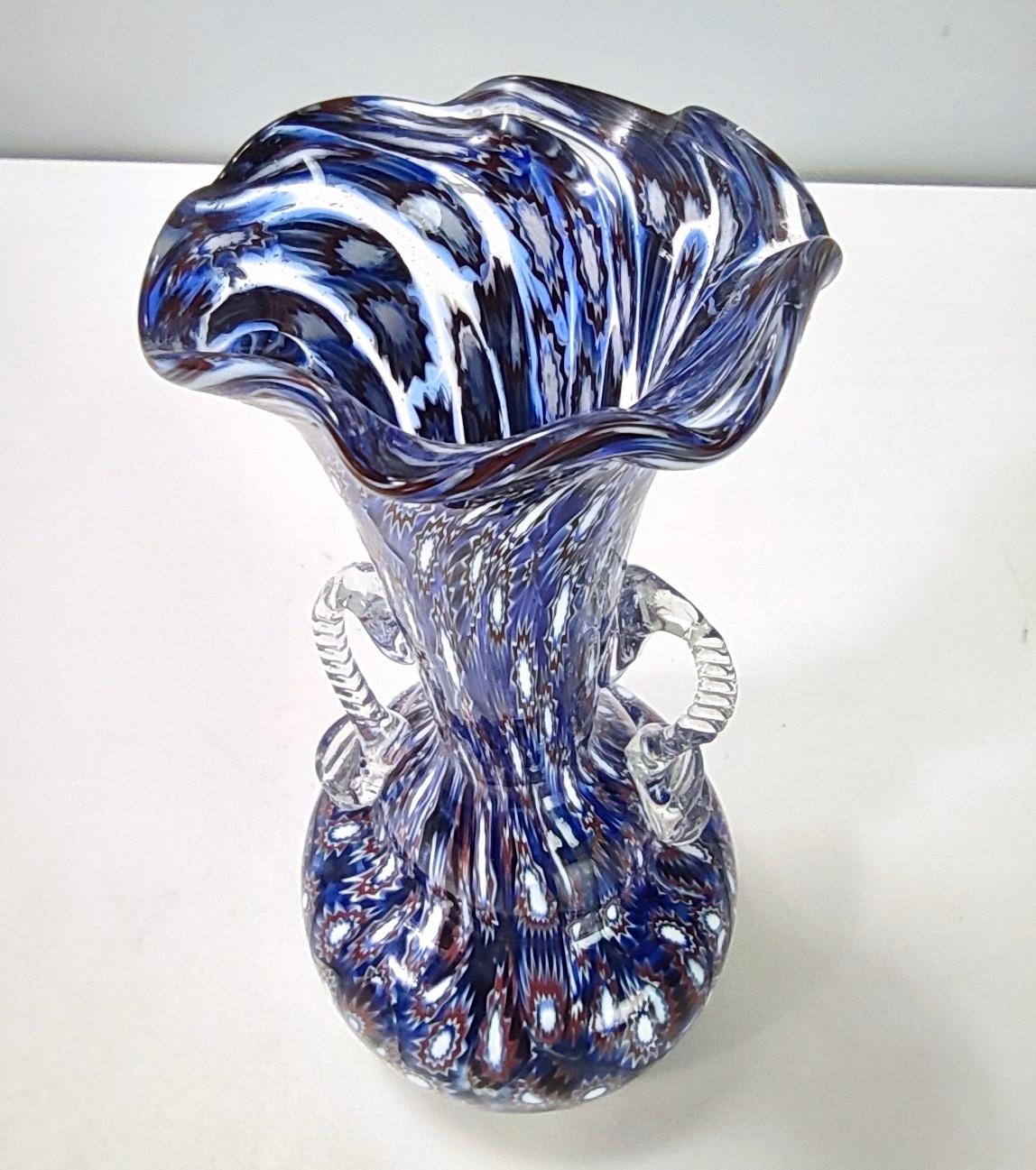 Mid-20th Century Vintage Blue Murano Glass Vase Ascribable to Fratelli Toso with Murrines, Italy For Sale
