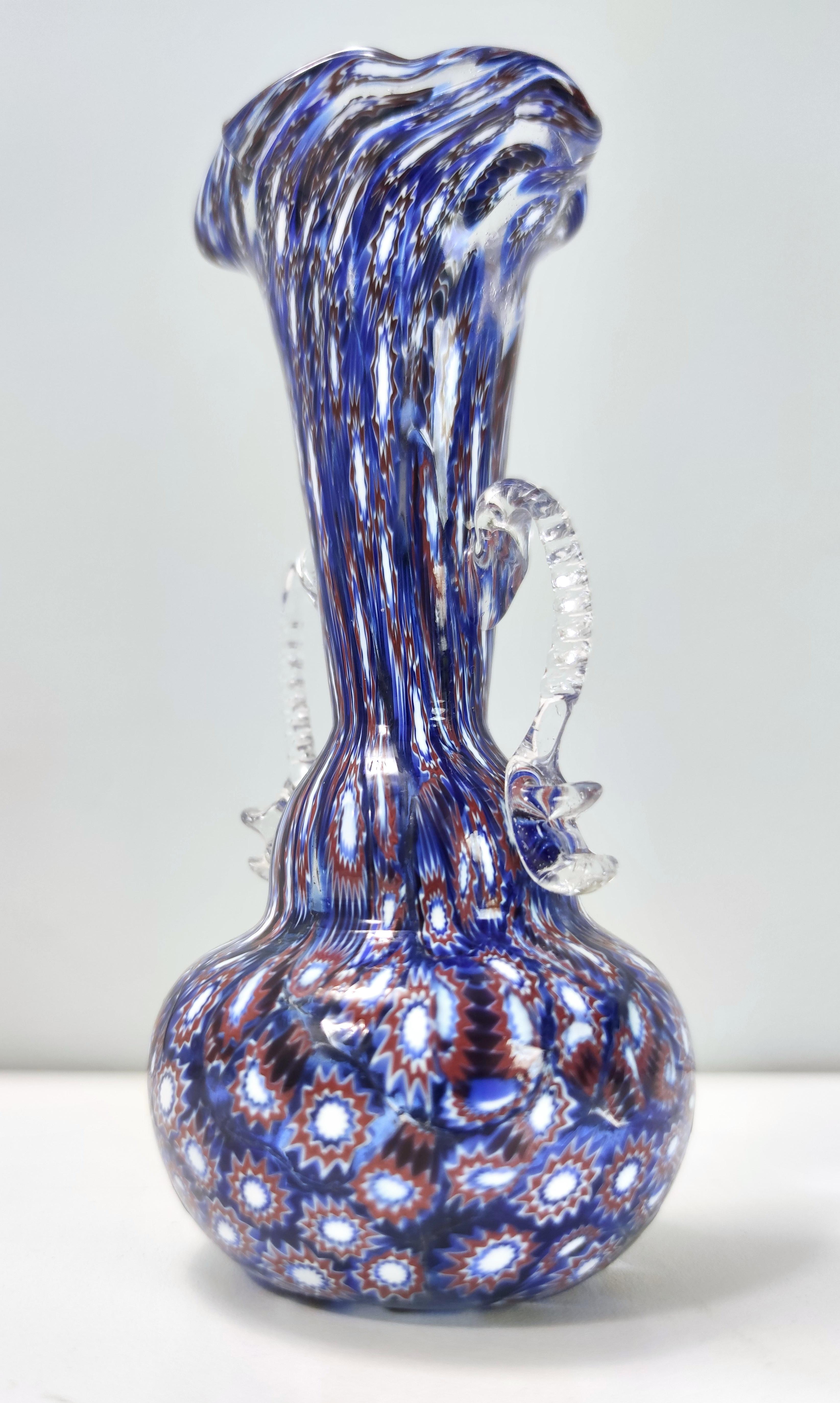 Vintage Blue Murano Glass Vase Ascribable to Fratelli Toso with Murrines, Italy For Sale 1