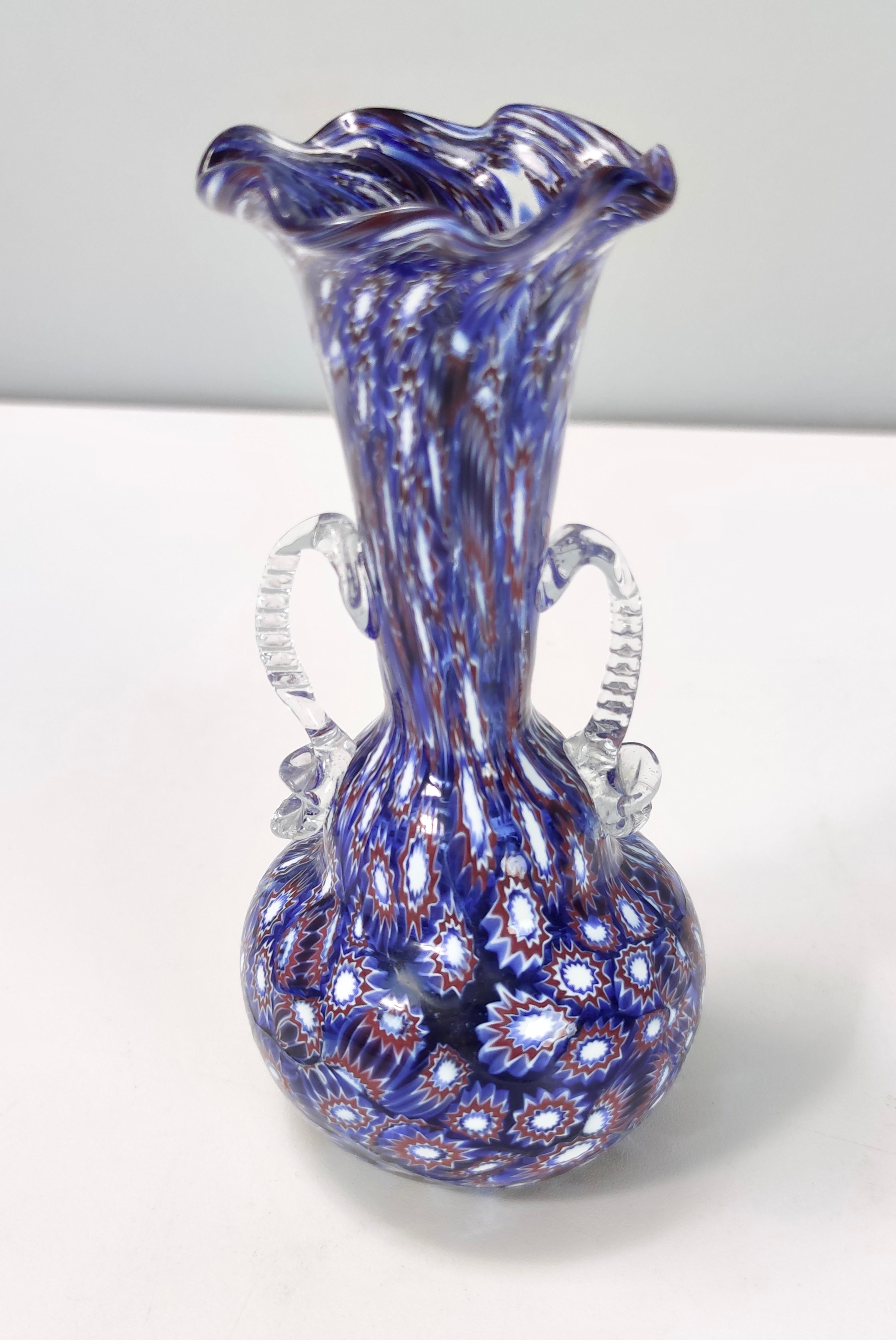 Vintage Blue Murano Glass Vase Ascribable to Fratelli Toso with Murrines, Italy For Sale 2