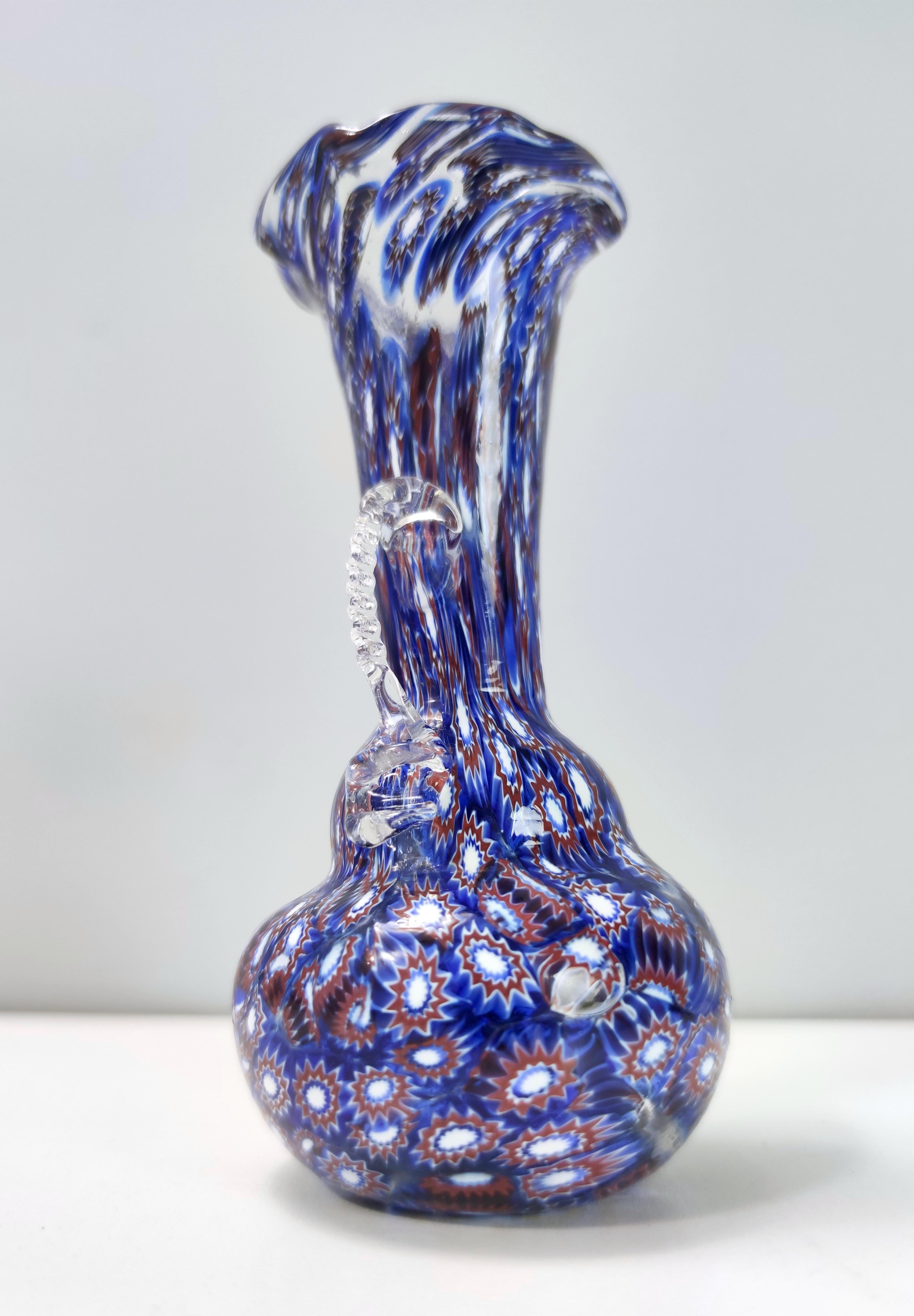 Vintage Blue Murano Glass Vase Ascribable to Fratelli Toso with Murrines, Italy For Sale 3