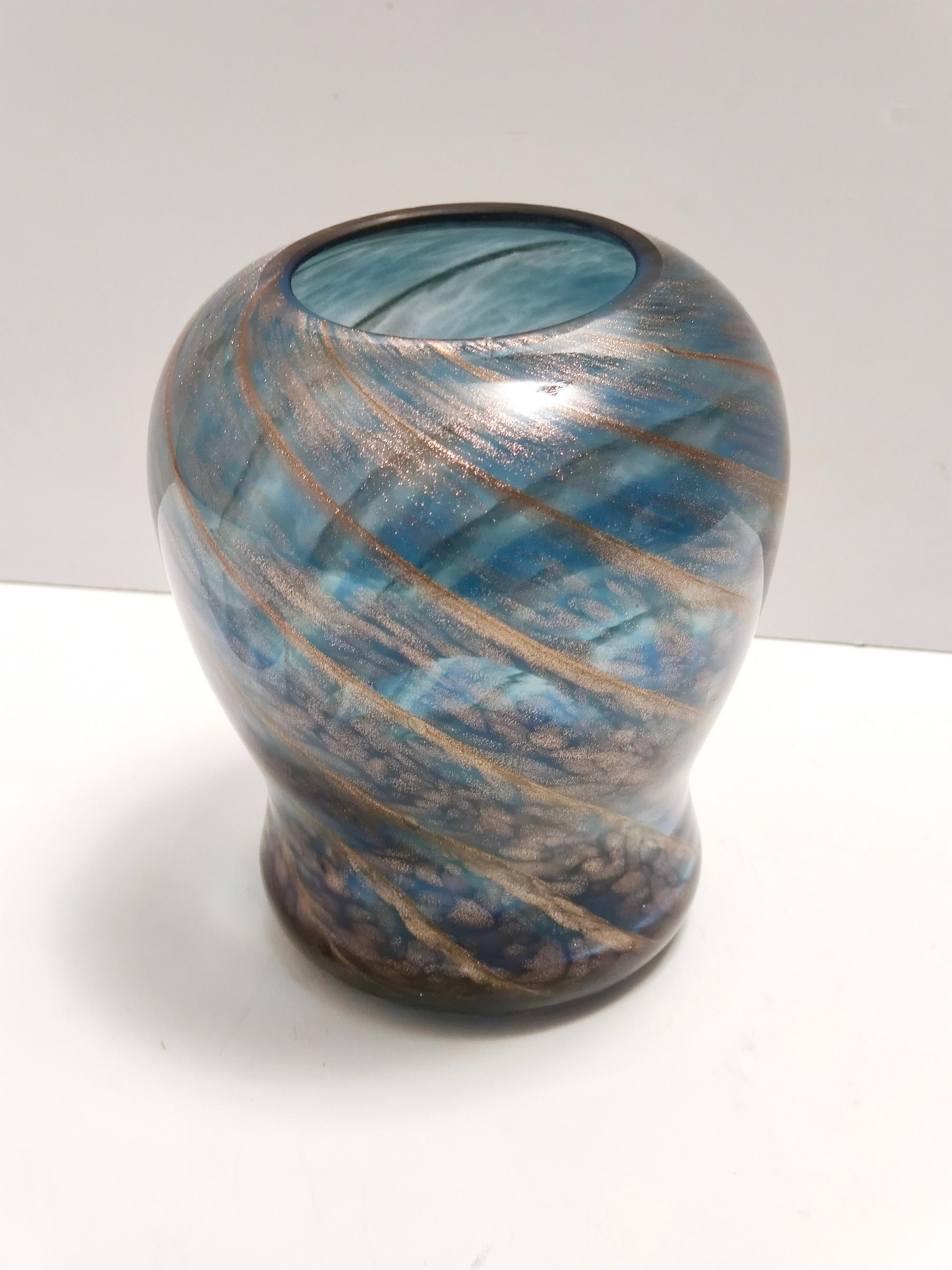 Italian Vintage Blue Murano Glass Vase by Fratelli Toso with Bronze Aventurine For Sale